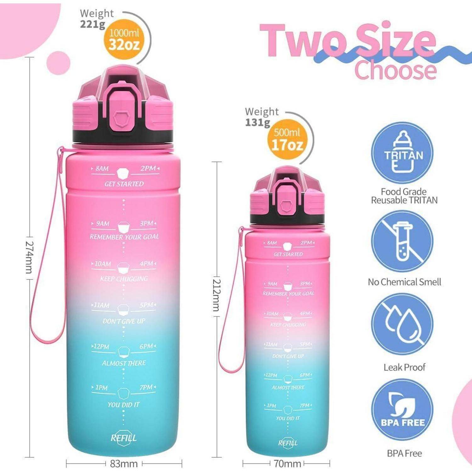 Rosa und blaue Wasserflaschen mit Zeitmarkierungen zur Hydratationsverfolgung. Zwei Größen: 1000ml (32oz) und 500ml (17oz). Merkmale umfassen ein auslaufsicheres Design und BPA-freies Material.
