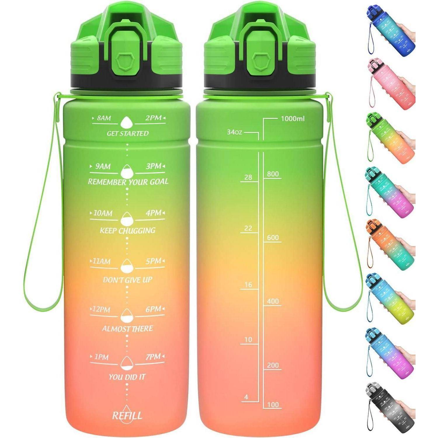 Wasserflasche mit Farbverlauf mit Zeitmarkierungen und motivierenden Sprüchen wie ‚Immer weiter trinken'; Markierungen zeigen Wasseraufnahmeziele von 8 Uhr morgens bis 19 Uhr.