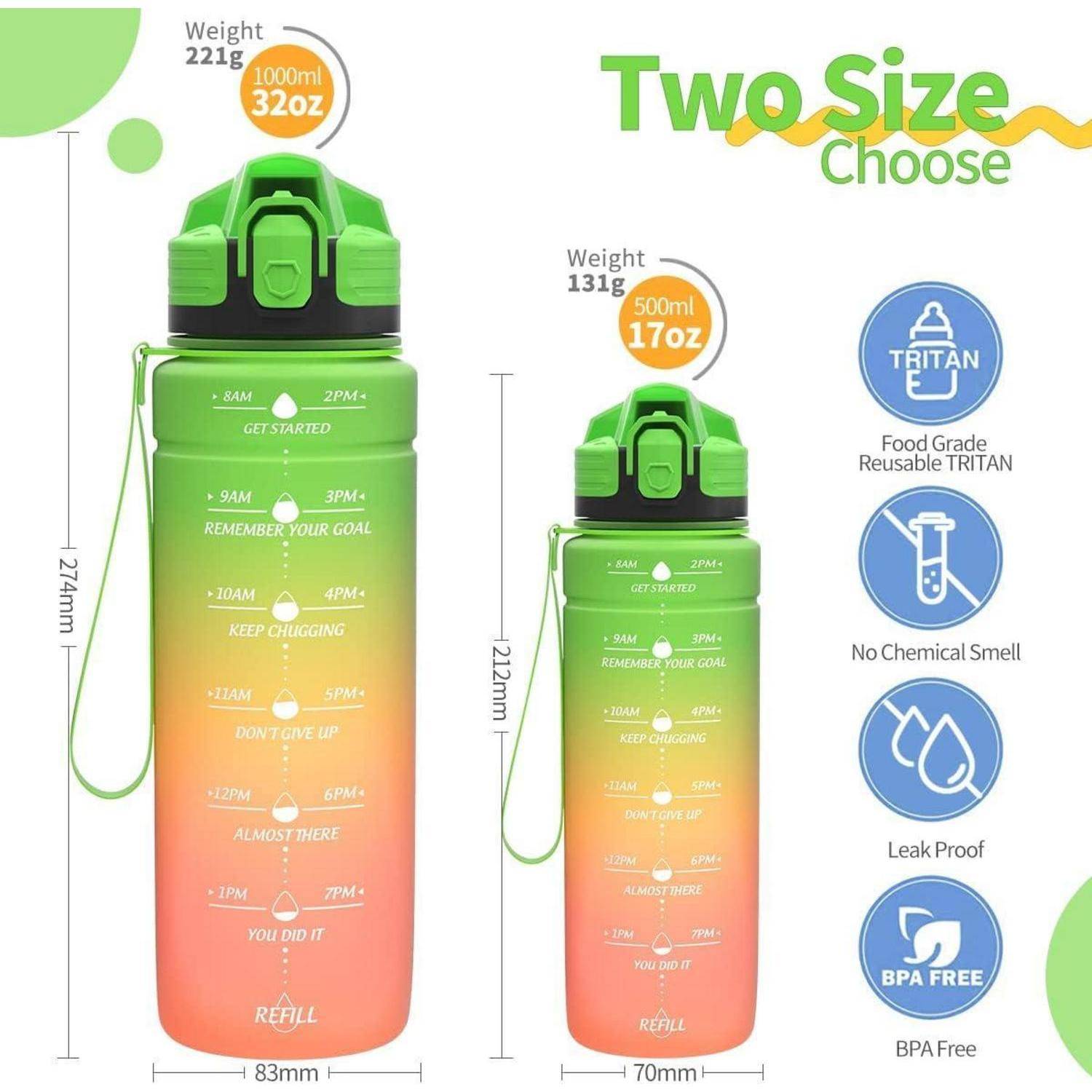 Zwei Trinkflaschen mit Farbverlauf von Grün zu Orange. Die größere fasst 1000 ml, die kleinere 500 ml. Mit Zeitmarkierungen zur Flüssigkeitsverfolgung. BPA-frei.