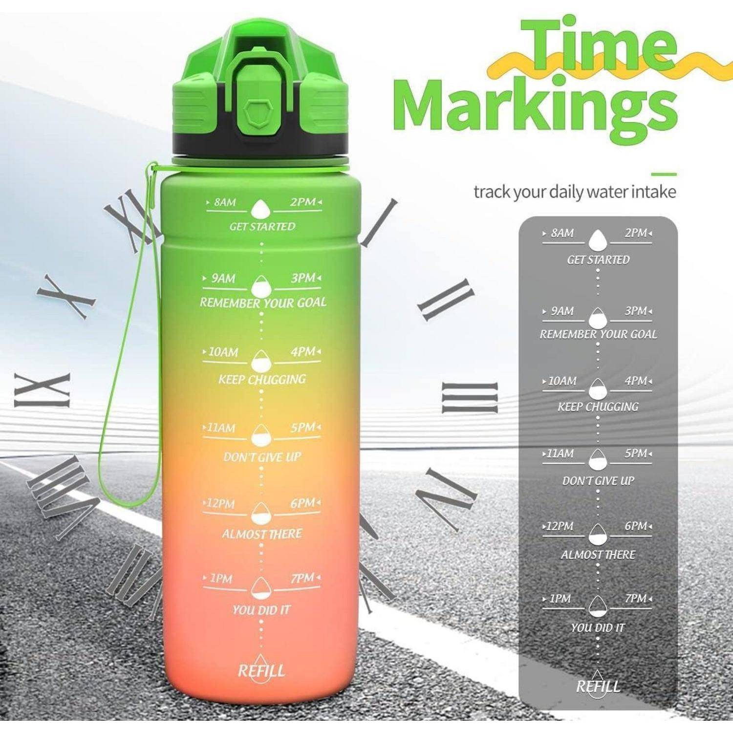 Wasserflasche mit Zeitmarkierungen von 8 Uhr morgens bis 19 Uhr. Motiviert zum Trinken mit Anfeuerungssprüchen wie ‚Weiter so' und ‚Du hast es geschafft'.