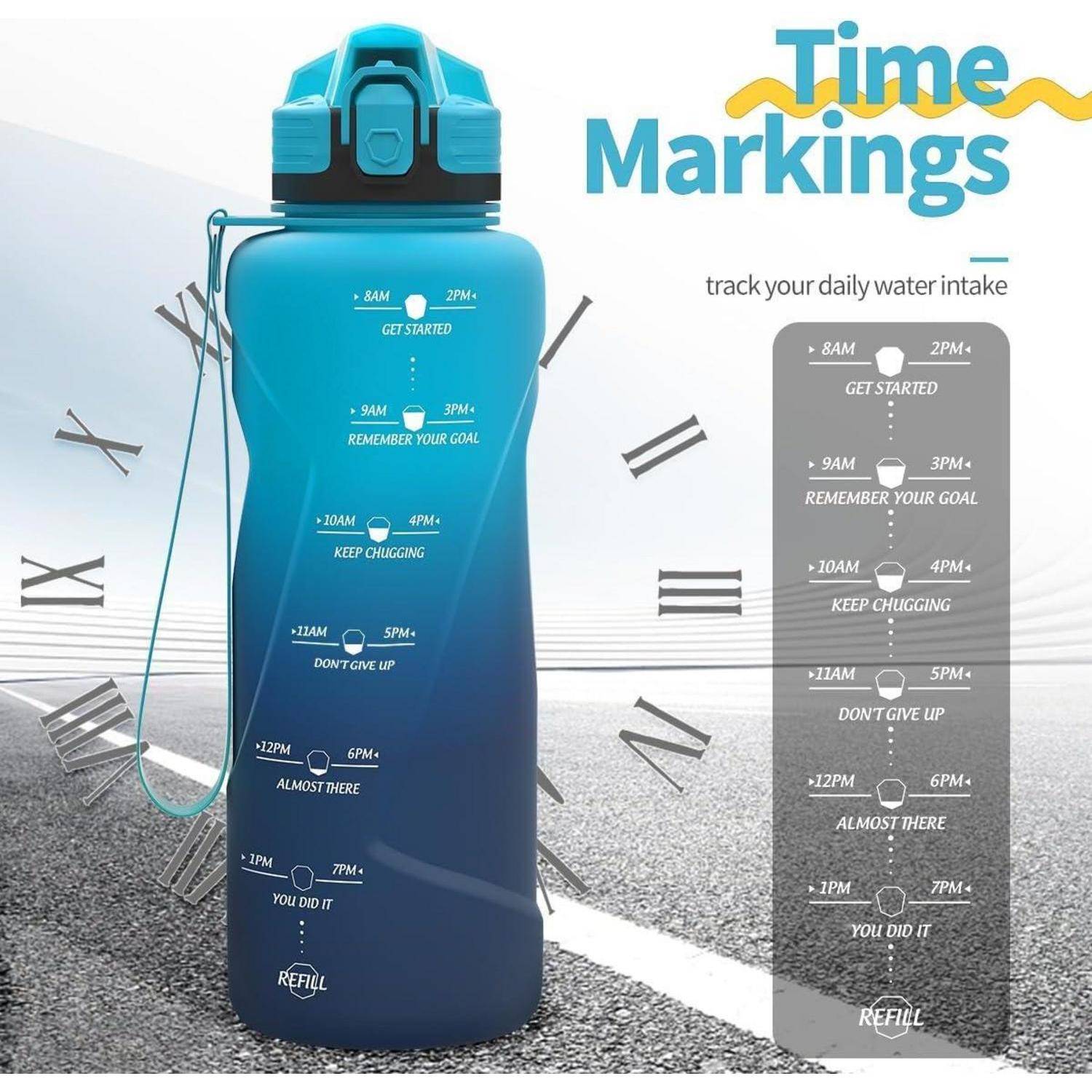 Wasserflasche mit 'Zeitmarkierungen'-Text, die Stunden und motivierende Phrasen anzeigt, um die tägliche Wasseraufnahme von 8 Uhr morgens bis 9 Uhr abends zu verfolgen.