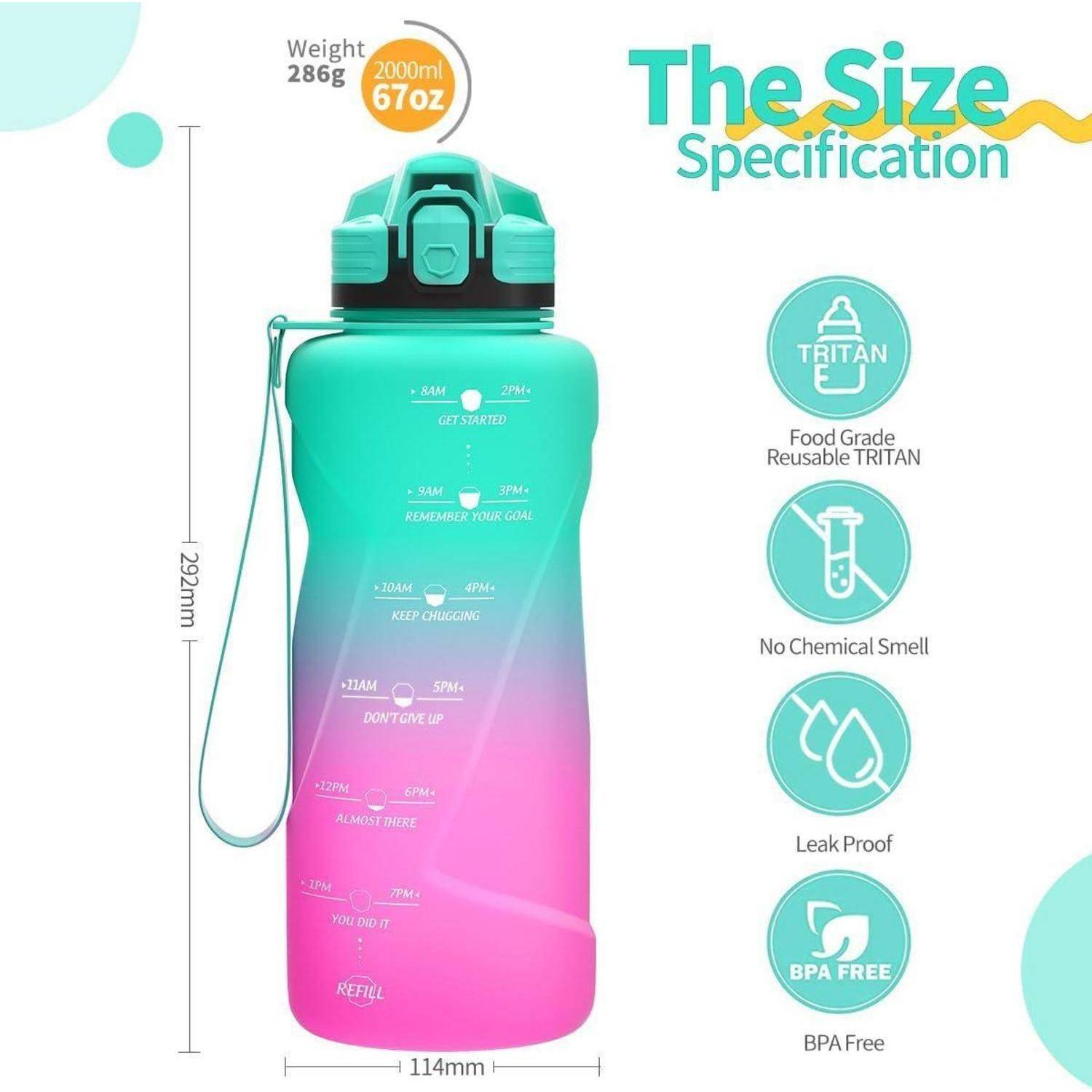 Eine große, verlaufende rosa und petrolblaue Wasserflasche, die mit Zeitzielen von 8 Uhr morgens bis 18 Uhr gekennzeichnet ist. Die Merkmale heben das BPA-freie, auslaufsichere Material aus TRITAN hervor.