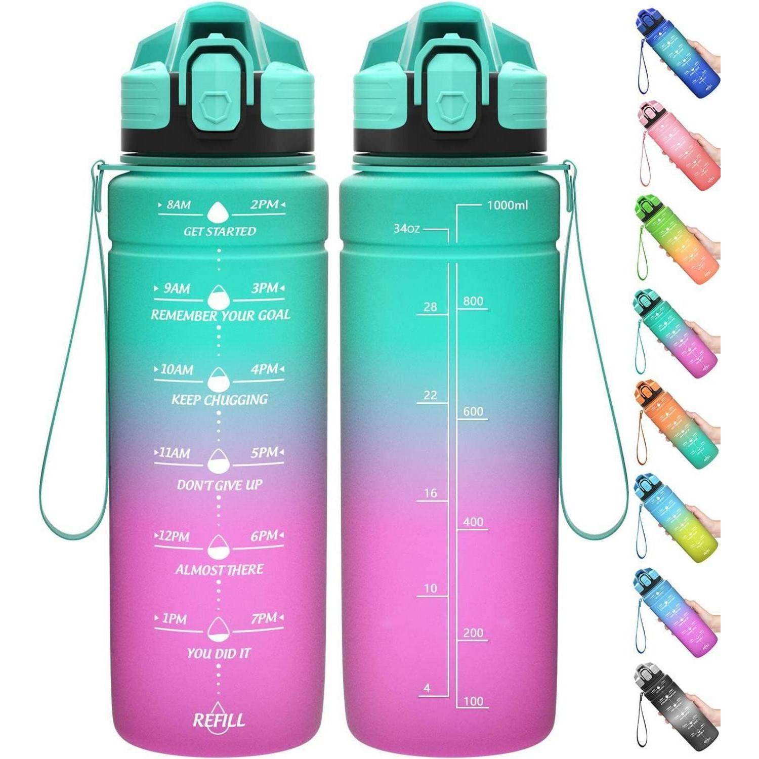 Wasserflasche mit Gradient und zeitgesteuerten Trinkhinweisen sowie Kapazitätsmarkierungen von 8 Uhr bis 19 Uhr. Verschiedene Farboptionen sind seitlich dargestellt.