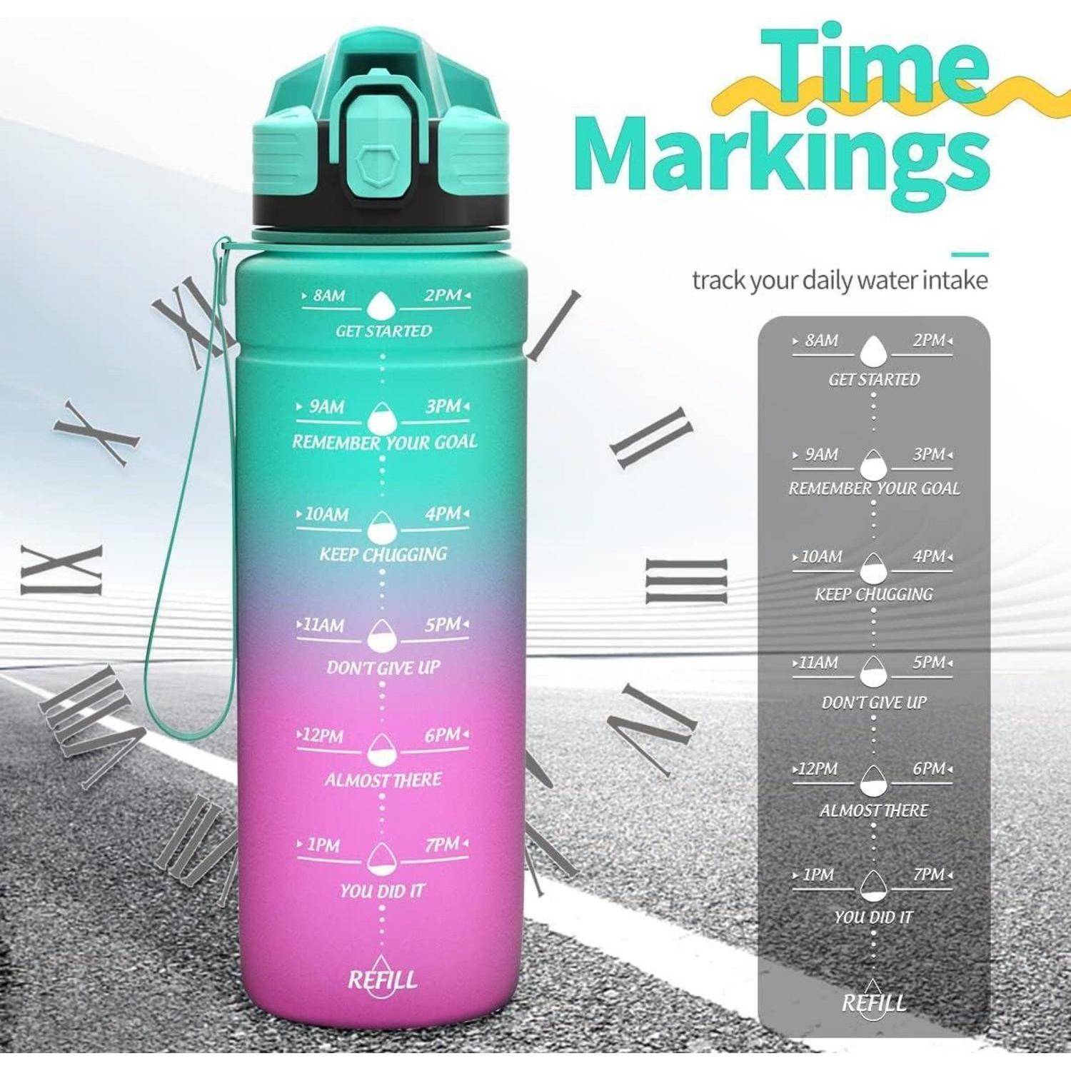 Wasserflasche mit Farbverlauf und Zeitmarkierungen von 8 Uhr morgens bis 8 Uhr abends zur Verfolgung der täglichen Wasseraufnahme, versehen mit motivierenden Sprüchen neben jeder Zeitintervall.