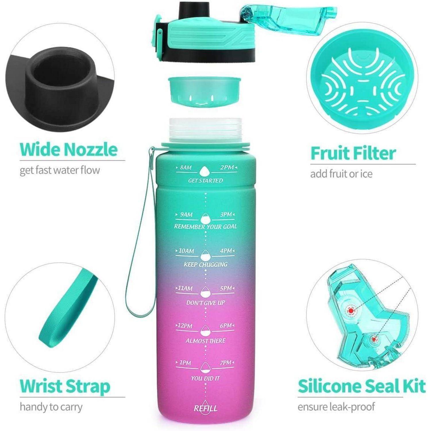 Wasserflasche mit breiter Ausgussöffnung, Fruchtsieb, Handgelenkschlaufe und Silikonabdichtungsset. Markierungen zeigen Trinkzeiten von 7 Uhr morgens bis 21 Uhr.