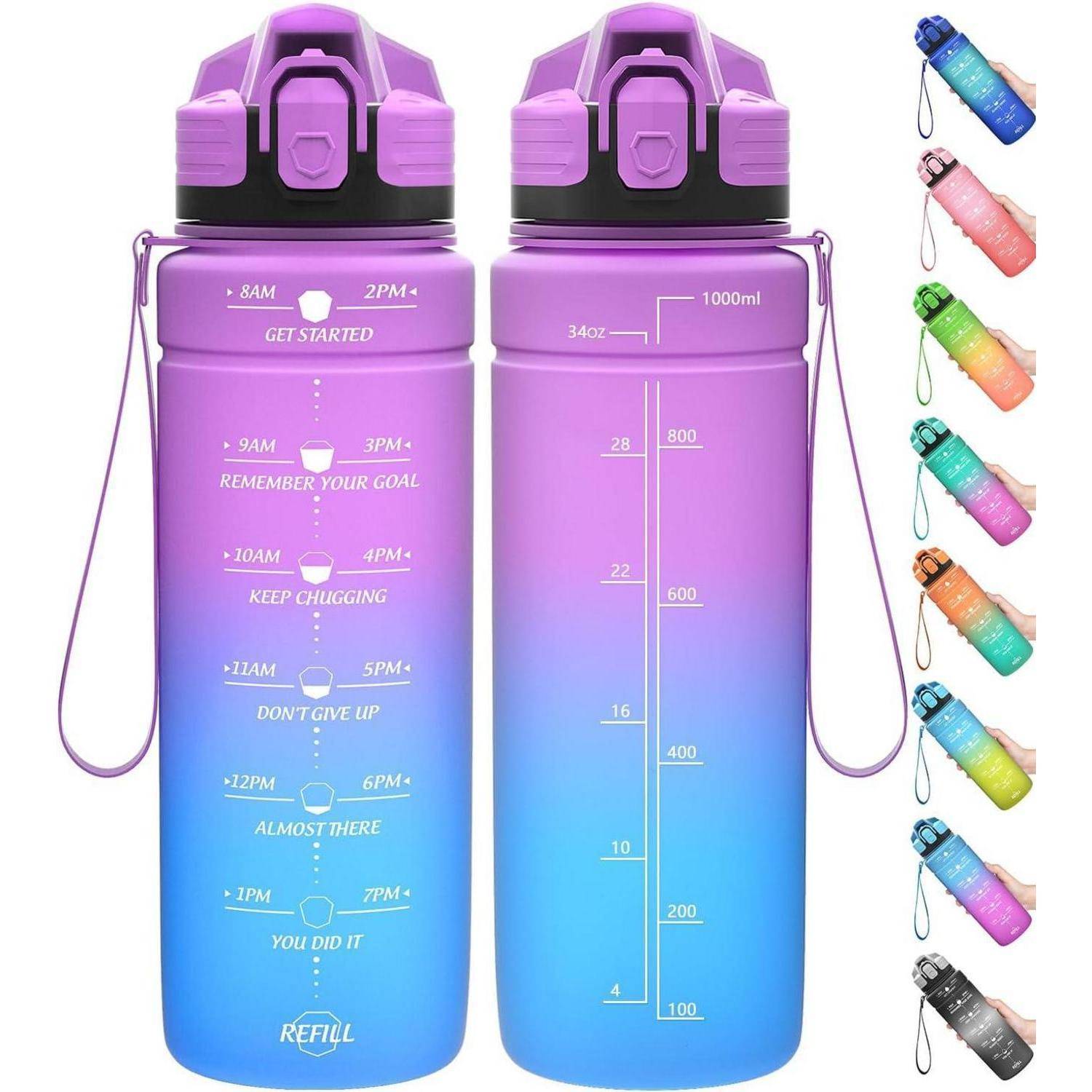 Trinkflasche mit Farbverlauf und Zeitmarkierungen von 8 Uhr morgens bis 21 Uhr, mit motivierenden Sprüchen und Volumenmarkierungen. Acht Farben werden seitlich angezeigt.