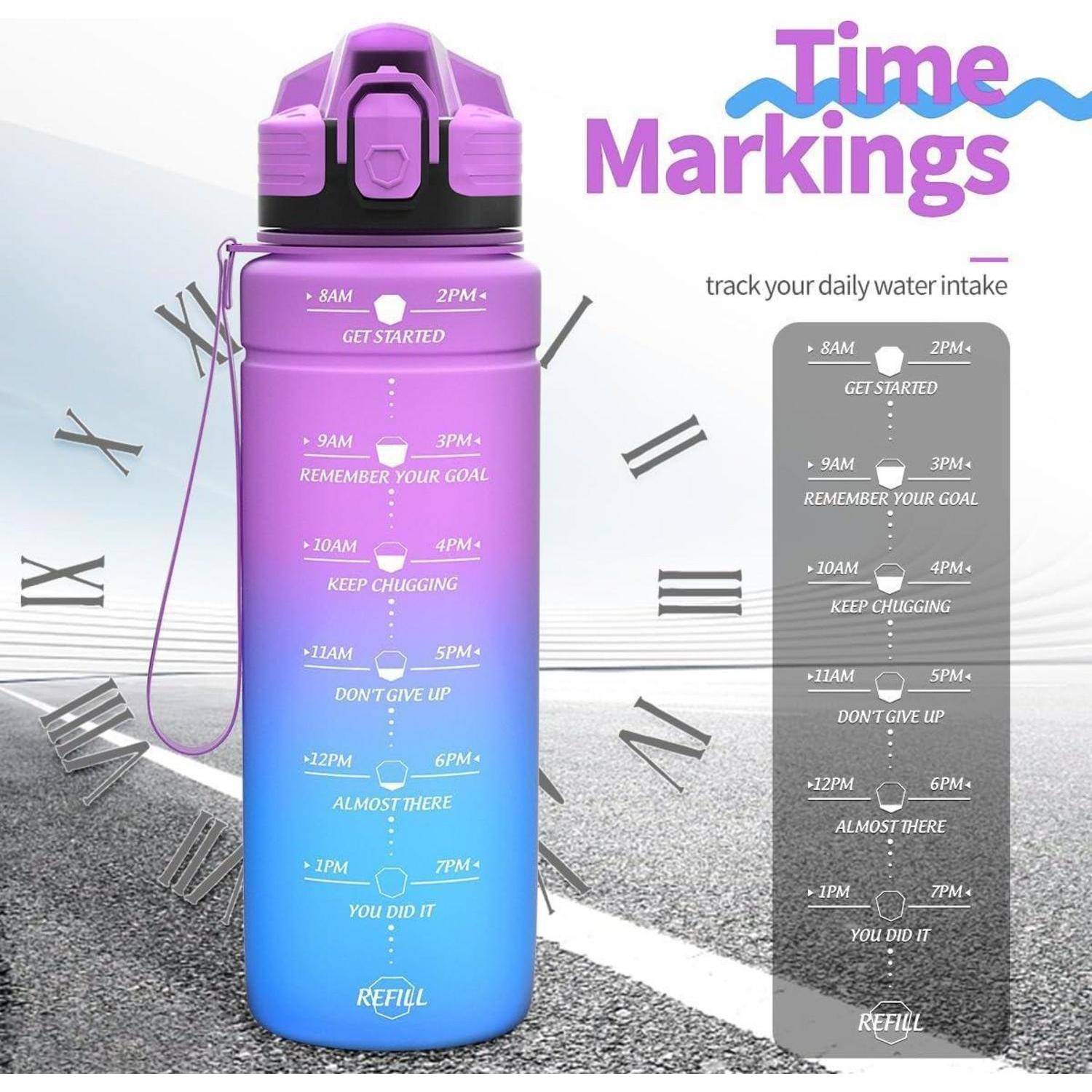 Wasserflasche mit Zeitmarkierungen zur Hydratationsverfolgung, mit der Aufschrift 