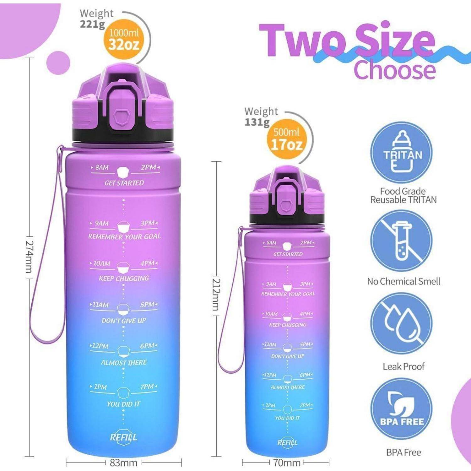 Lila und blau verlaufende Wasserflasche, nach Größe beschriftet, mit motivierenden Zeitmarkierungen, BPA-frei, auslaufsicher und aus lebensmittelechtem Tritan hergestellt.