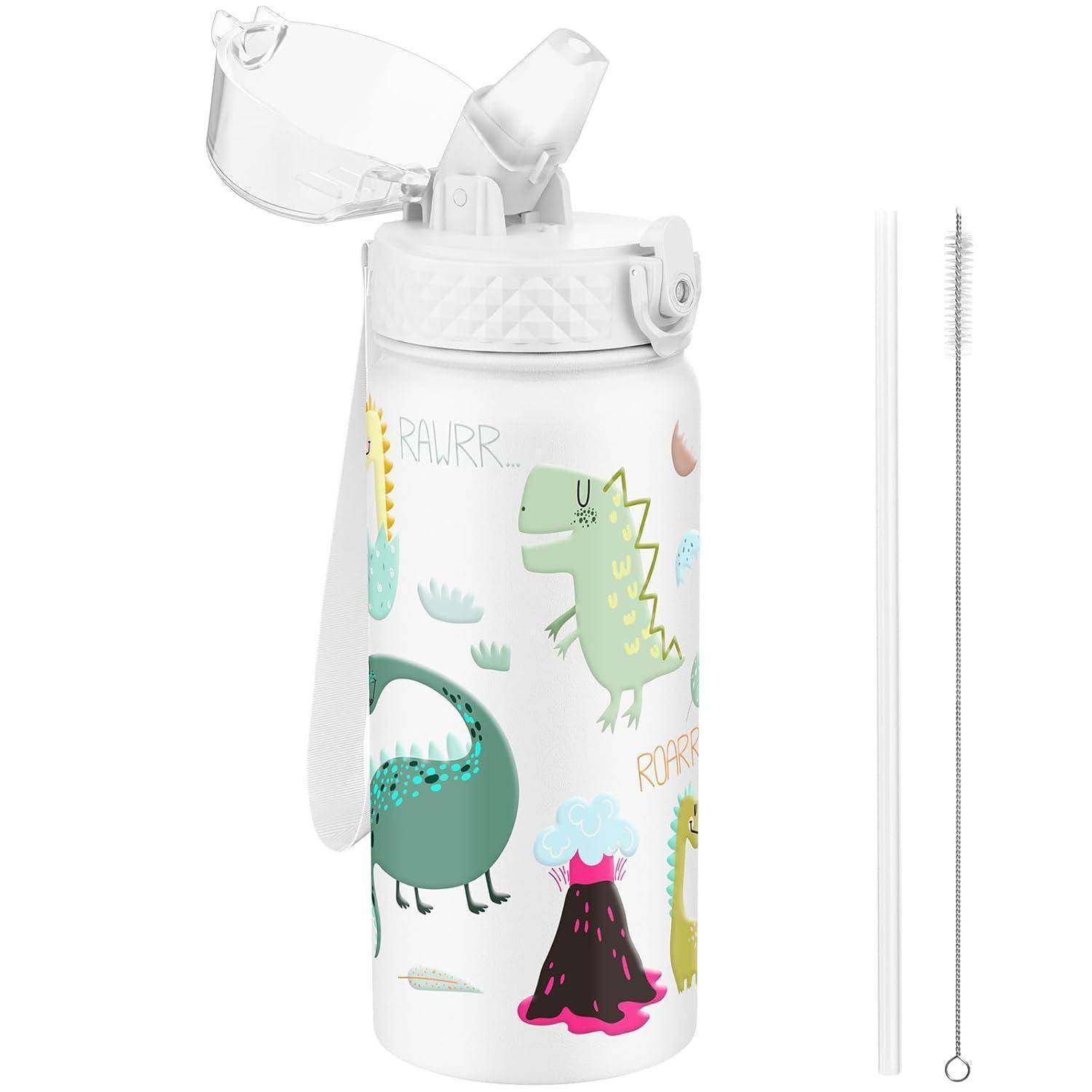 Trinkflasche Kinder Edelstahl Strohhalm Weißer Dinosaurier 550ml 18oz