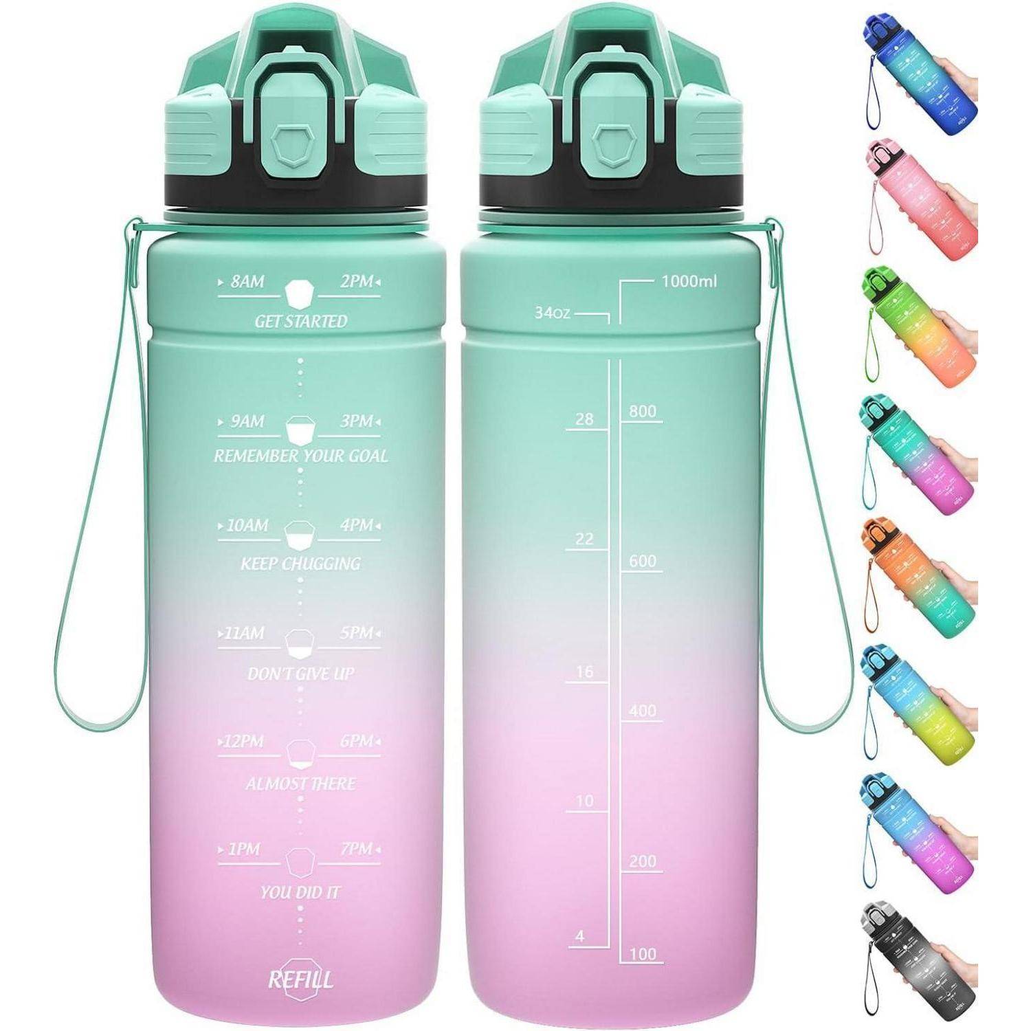 Gradienten-Wasserflasche mit Zeitmarkierungen und motivierenden Sprüchen in Unzen und Millilitern, die zur Hydrierung im Laufe des Tages anregt.