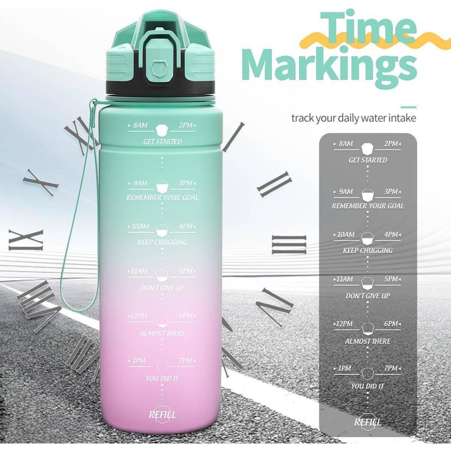 Eine Wasserflasche mit Pastellfarbenverlauf, mit Zeitmarkierungen und motivierenden Phrasen von 8 Uhr bis 19 Uhr zur Verfolgung der täglichen Wasseraufnahme.