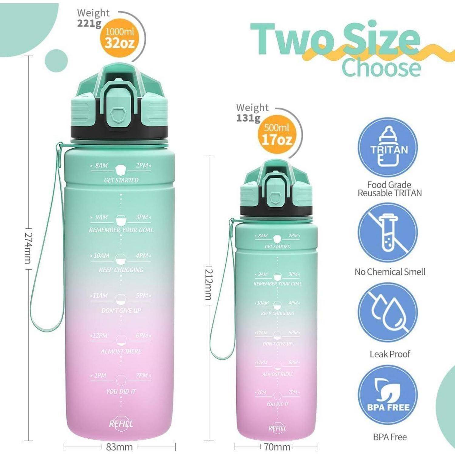 Zwei Gradient-Wasserflaschen, groß: 1000 ml, 221g, 27 cm, klein: 500 ml, 131g, 21,2 cm. Hervorgehoben: Tritan-Material, BPA-frei, auslaufsicher.