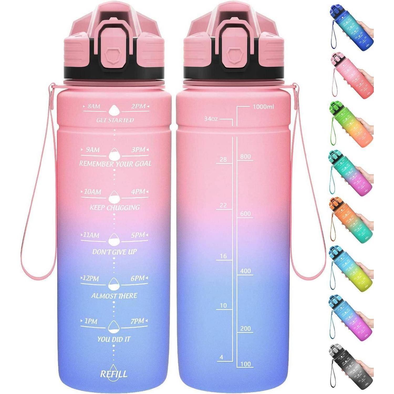Wasserflasche mit Zeitmarkierungen und motivierenden Sprüchen für tägliche Hydrationsziele. Ausgestattet mit abnehmbarem Strohhalm und Farbverlaufsdesign in verschiedenen Farben.
