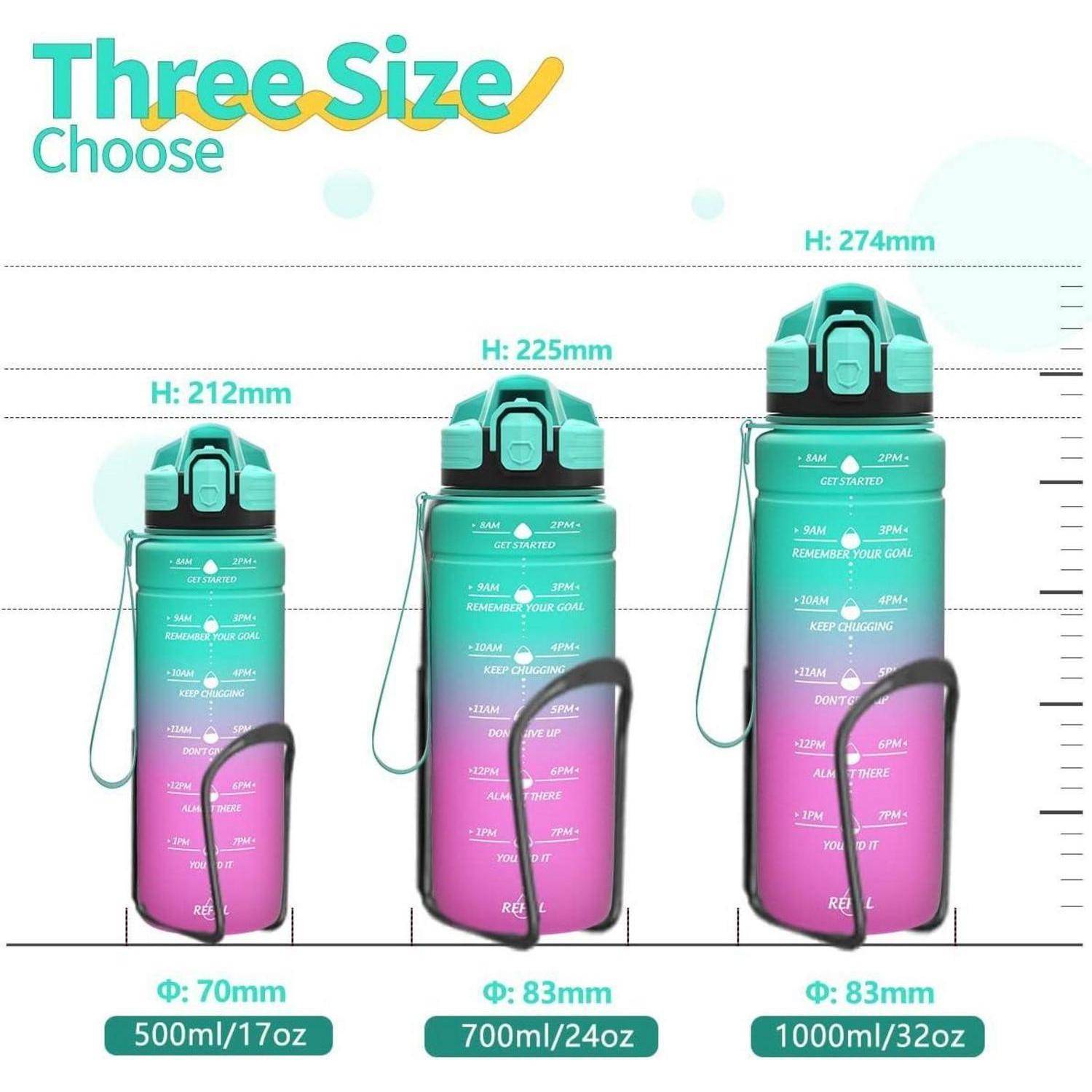 Drei Wasserflaschen in Größen: 500ml (17oz), 700ml (24oz), 1000ml (32oz). Höhen: 212mm, 225mm, 274mm. Durchmesser: 70mm, 83mm.