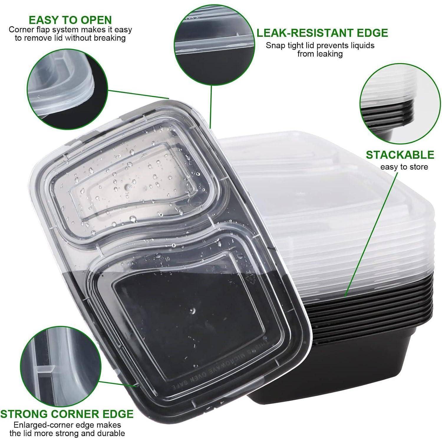 Ein Stapel schwarzer Meal-Prep-Behälter mit transparenten Deckeln, mit Etiketten: 