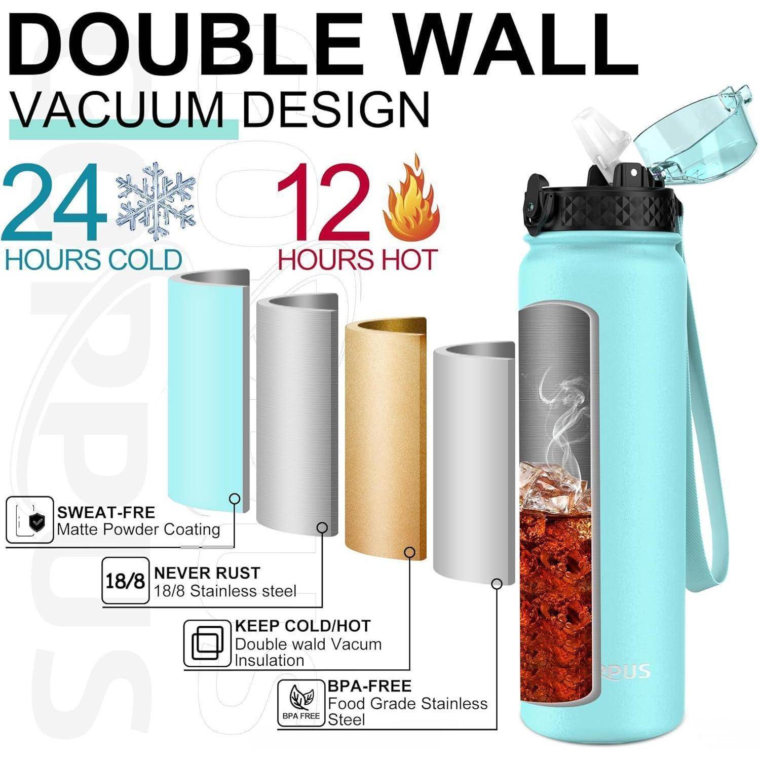 Isolierflasche mit doppelwandiger Vakuumtechnologie für 24 Stunden kalte und 12 Stunden heiße Getränke. Eigenschaften: schwitzfrei, rostfrei, mit Vakuumisolierung, BPA-frei.