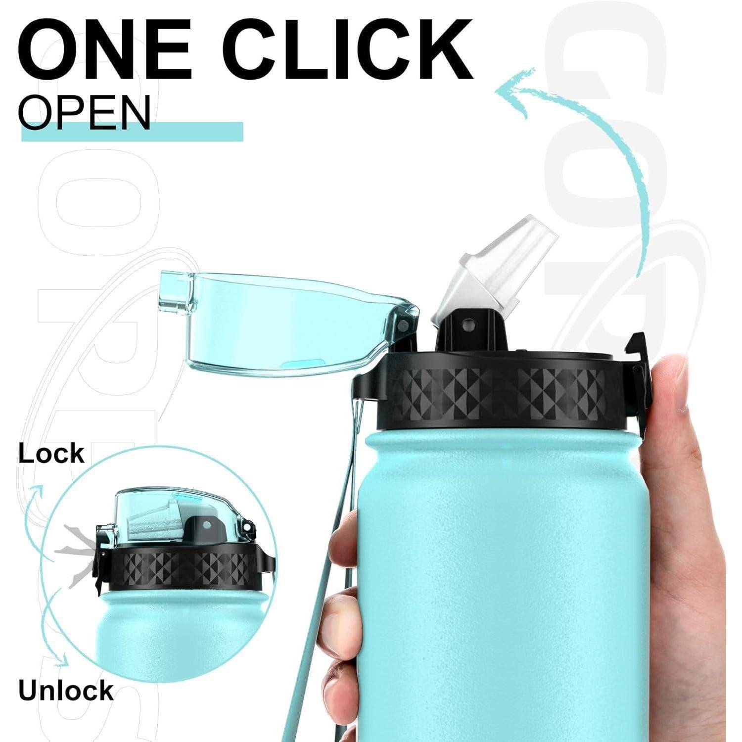 Türkisfarbene Wasserflasche mit einem schwarzen Deckel, ausgestattet mit einer Einklick-Ausgussöffnung. Einblenden zeigen den Verschlussmechanismus und das Entriegeln der Flasche.