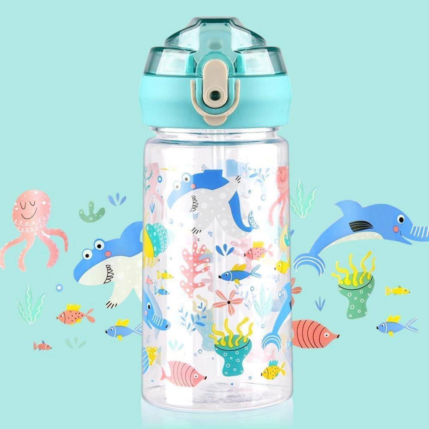 Trinkflasche Kinder 500ml Strohhalm BPAfrei Cyan-meerestier 500 ml