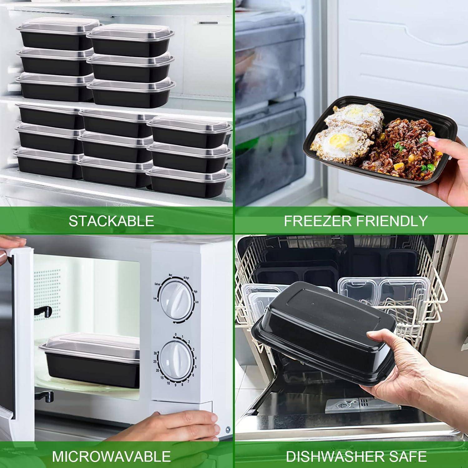 Vier Bilder zeigen Mahlzeitenvorbereitungsbehälter: 'Stapelbare' Behälter im Kühlschrank, 'Gefrierschrankgeeignete' mit Essen, 'Mikrowellengeeignete' beim Hineinstellen in eine Mikrowelle und 'Geschirrspülmaschinenfeste' in einer Spülmaschine.