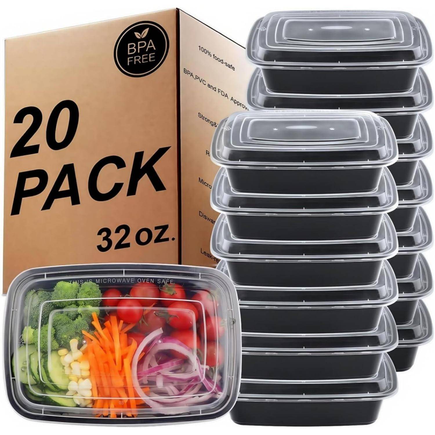 20er-Pack, 32 oz. BPA-frei' schwarze Meal-Prep-Behälter mit verschiedenen Gemüsesorten gefüllt, neben Originalkarton verpackt.
