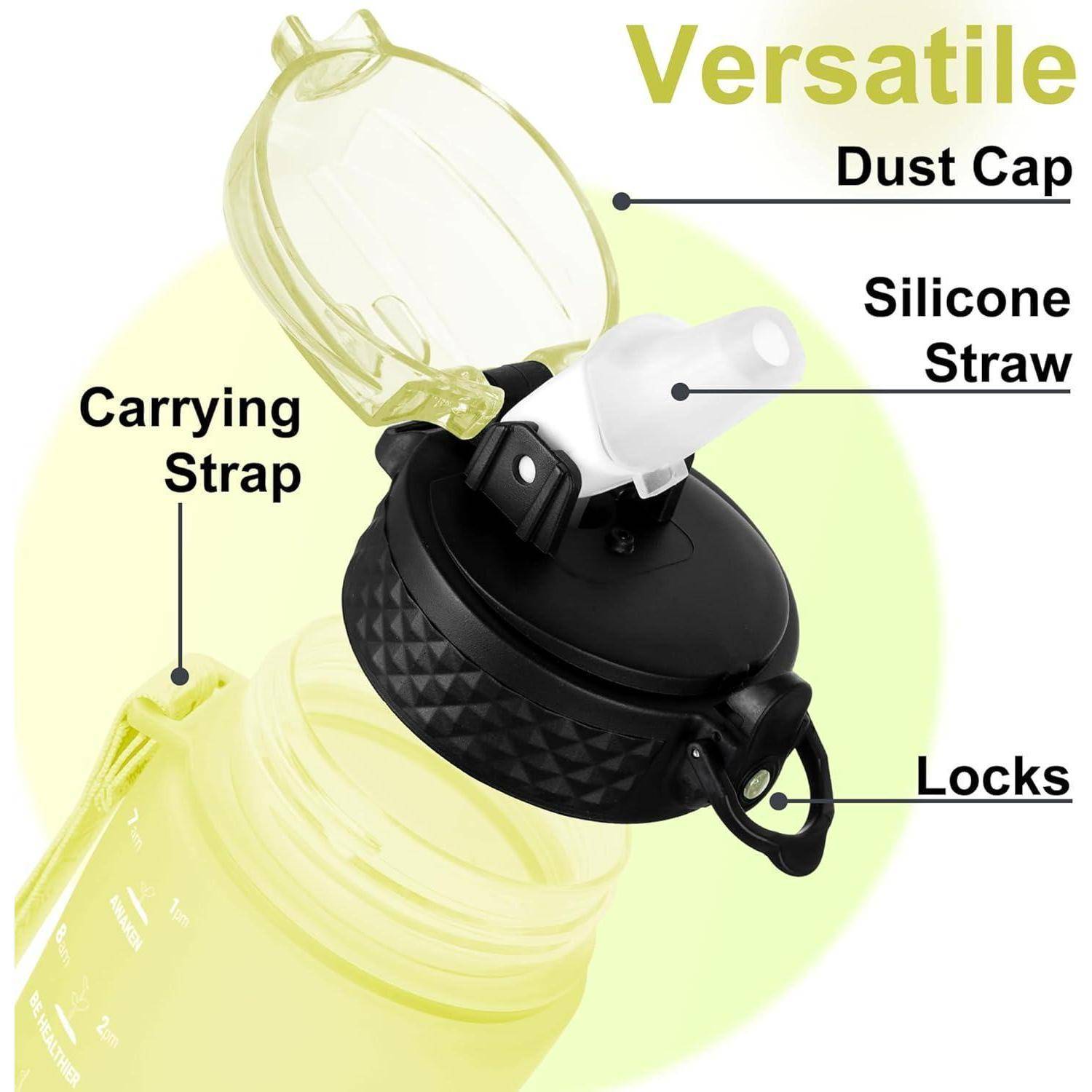 Eine gelbe Wasserflasche mit schwarzem Deckel ist mit folgenden Merkmalen gekennzeichnet: „Vielseitig