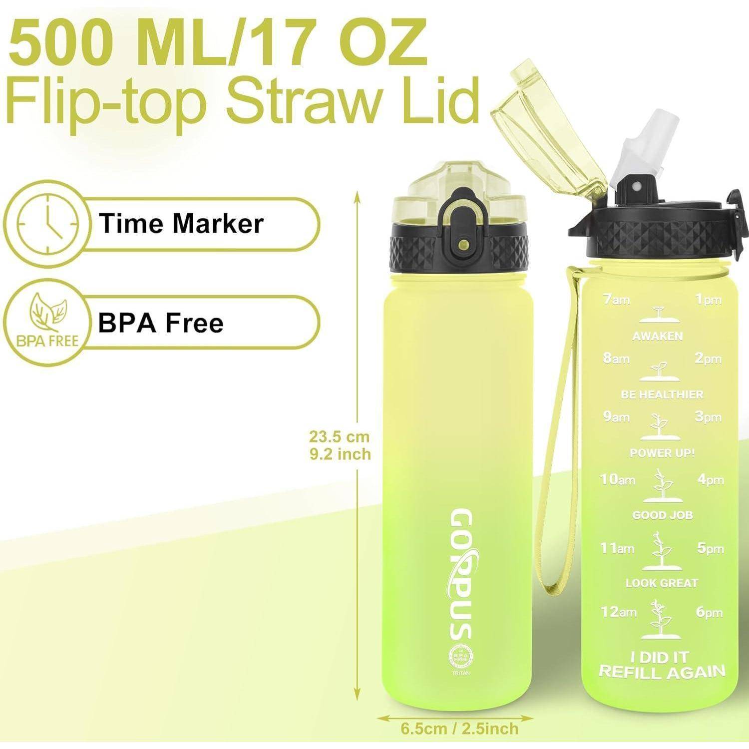 Wasserflasche mit Klappdeckel und Strohhalm, 500 ml/17 oz. Mit Zeitmarkierungen und 'BPA-frei' Etikett. Grüne Farbe mit motivierenden Erinnerungen.