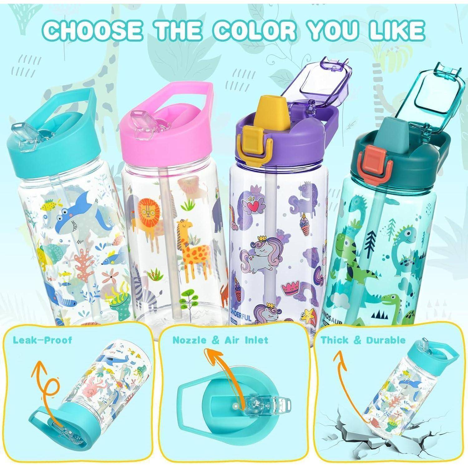 Vier farbenfrohe Kinder-Wasserflaschen mit Tier- und Dinosaurier-Designs. Merkmale umfassen auslaufsicher, Ausguss & Lufteinlass sowie Langlebigkeit.