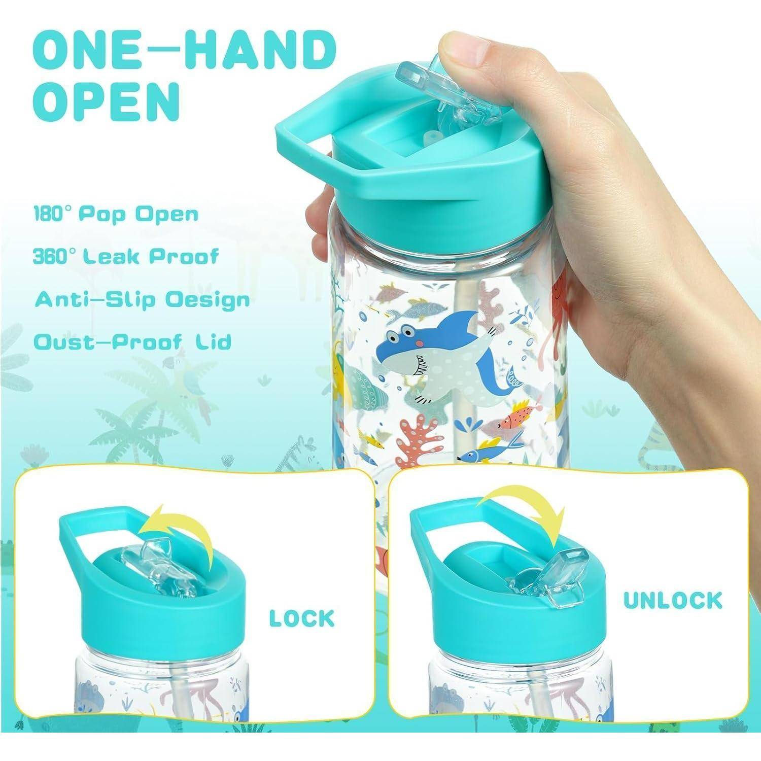 Eine Hand zeigt, wie eine türkisfarbene Wasserflasche mit Haidesign geöffnet wird. Der Text hebt die Merkmale hervor: „Mit einer Hand zu öffnen