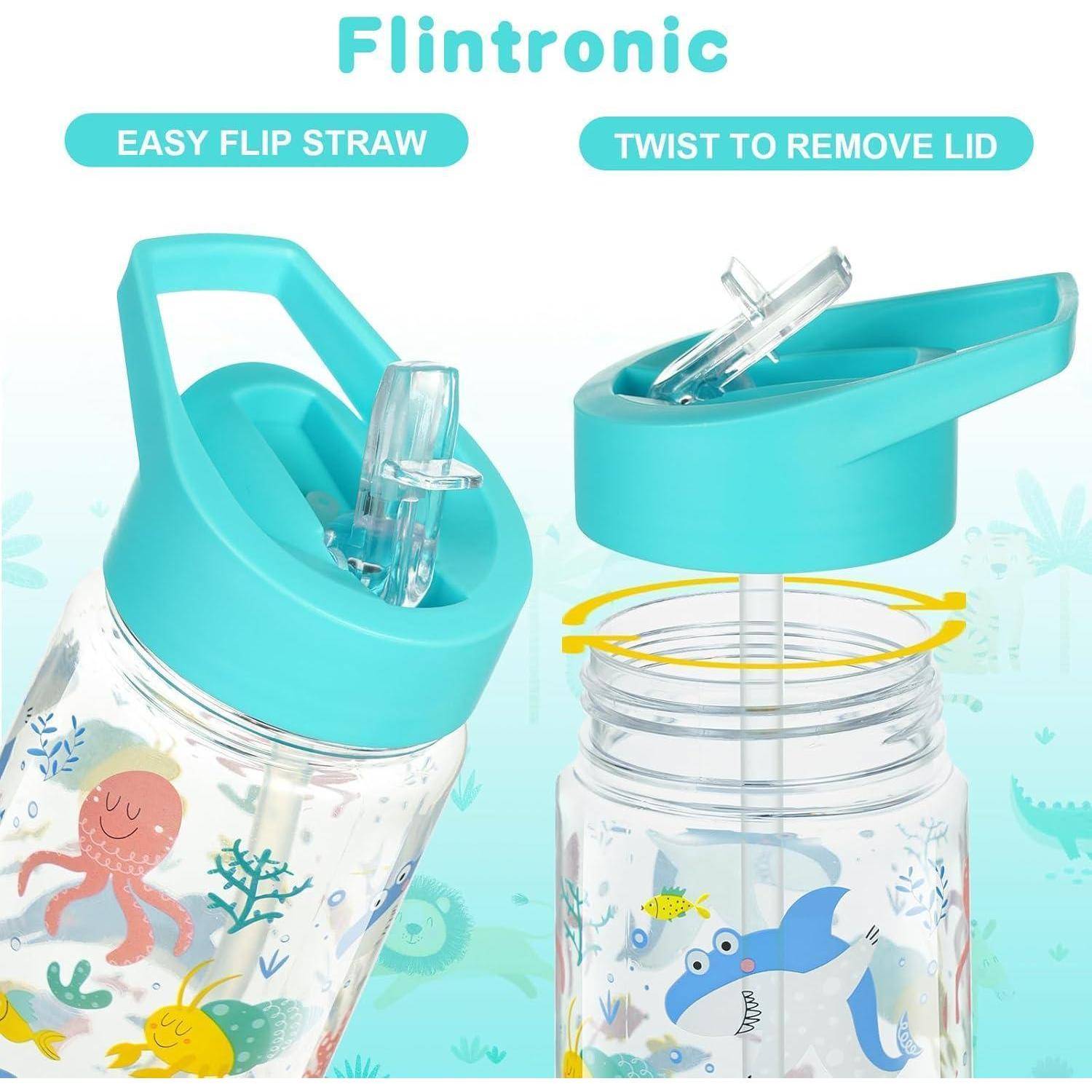 Flintronic Kindertrinkflasche mit Klappstrohhalm und drehbarem Deckel. Mit verspielten Ozean-Motiven, die Tintenfische und Haie zeigen.