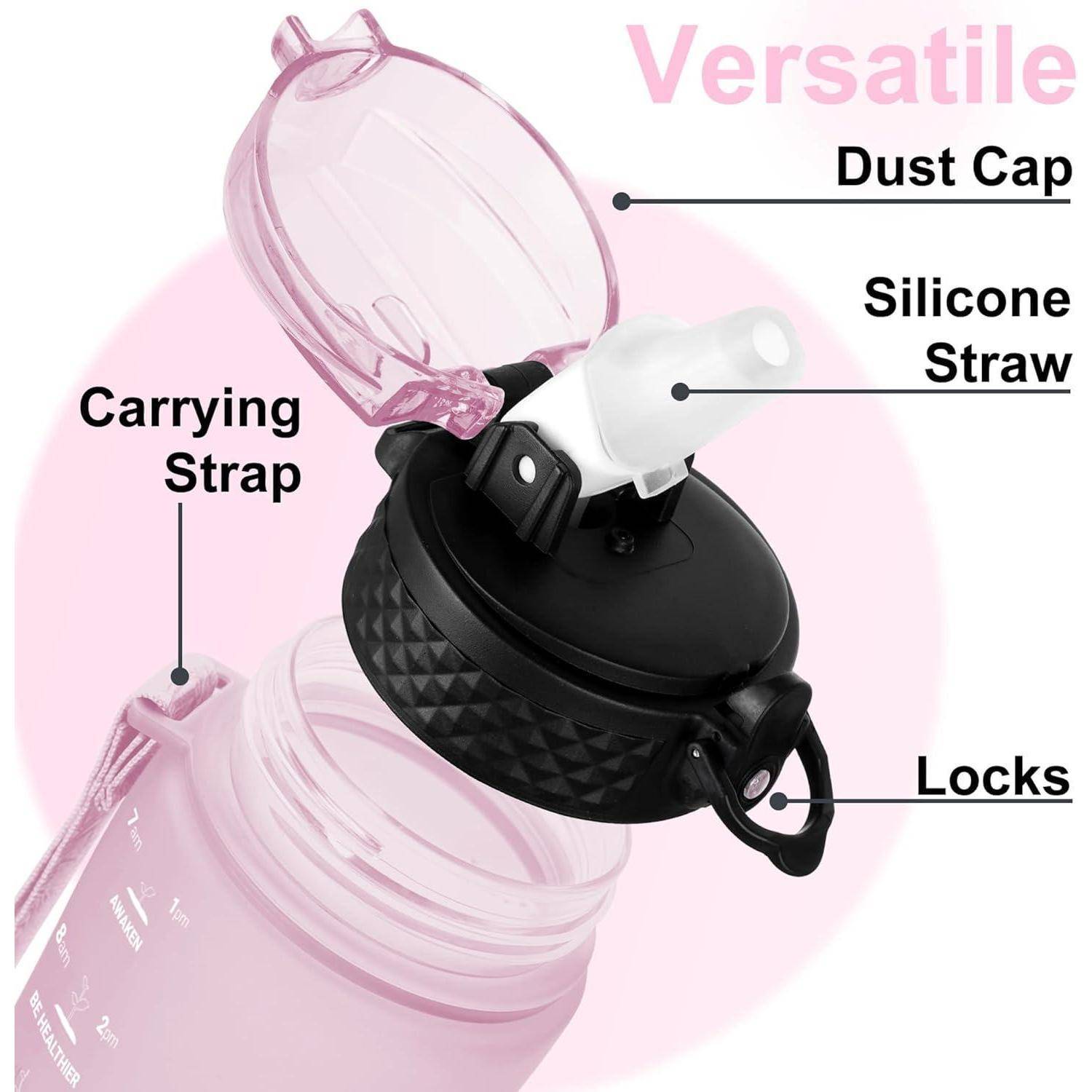 Vielseitige pinke Wasserflasche mit Staubschutzdeckel, Silikonstrohhalm, Trageriemen und Verschlüssen.