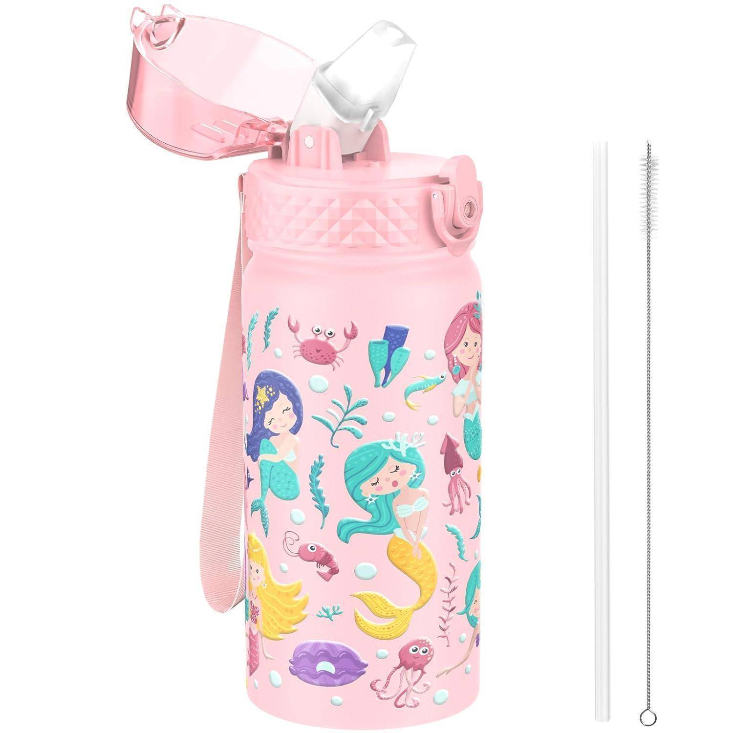 Rosa Wasserflasche mit Meerjungfrau-Illustrationen, Klappdeckel-Strohhalm, inklusive Reinigungsbürste und Ersatzstrohhalm.
