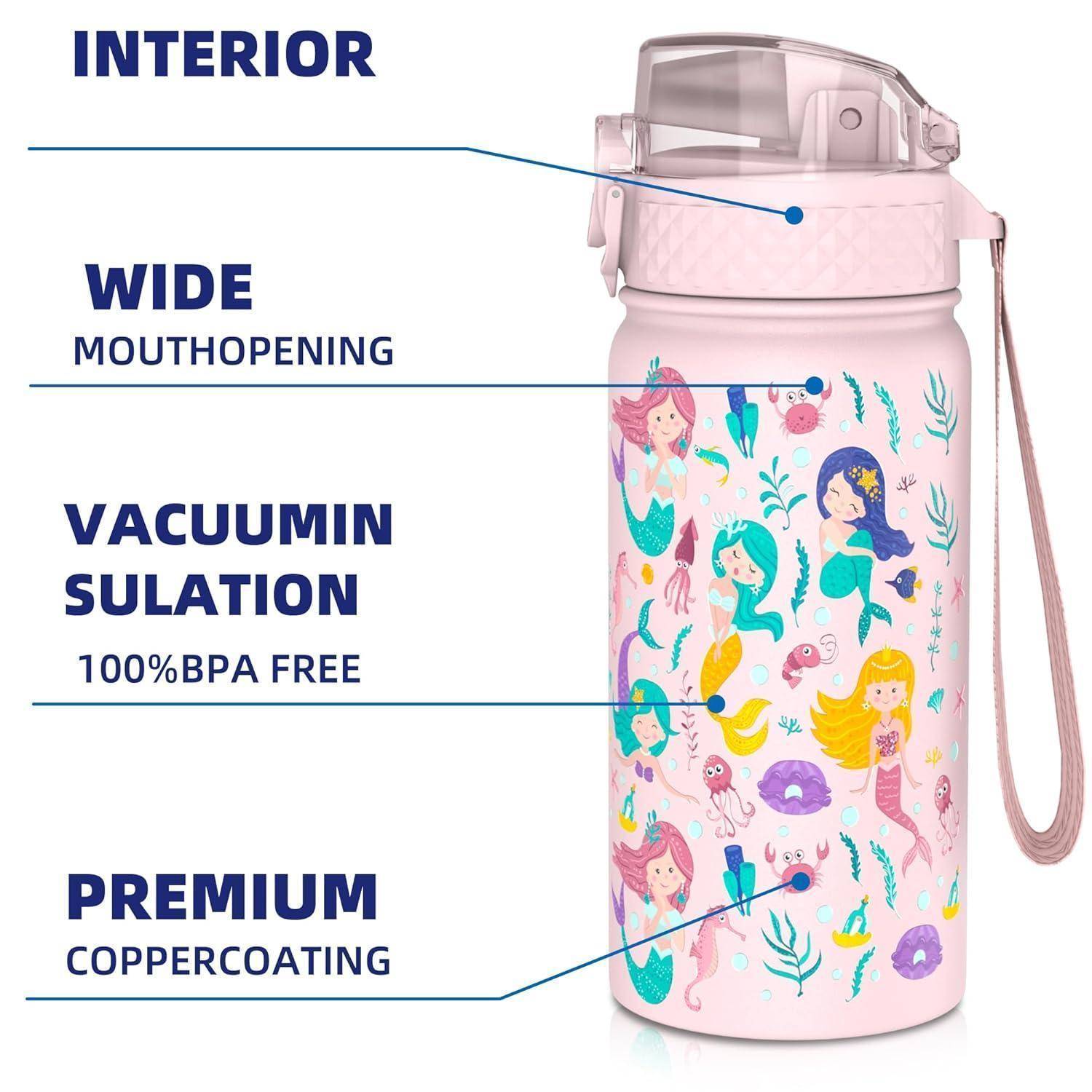 Rosa Wasserflasche mit Meerjungfrau-Design; Merkmale umfassen breite Öffnung, Vakuumisolierung, 100% BPA-frei und hochwertige Kupferbeschichtung.