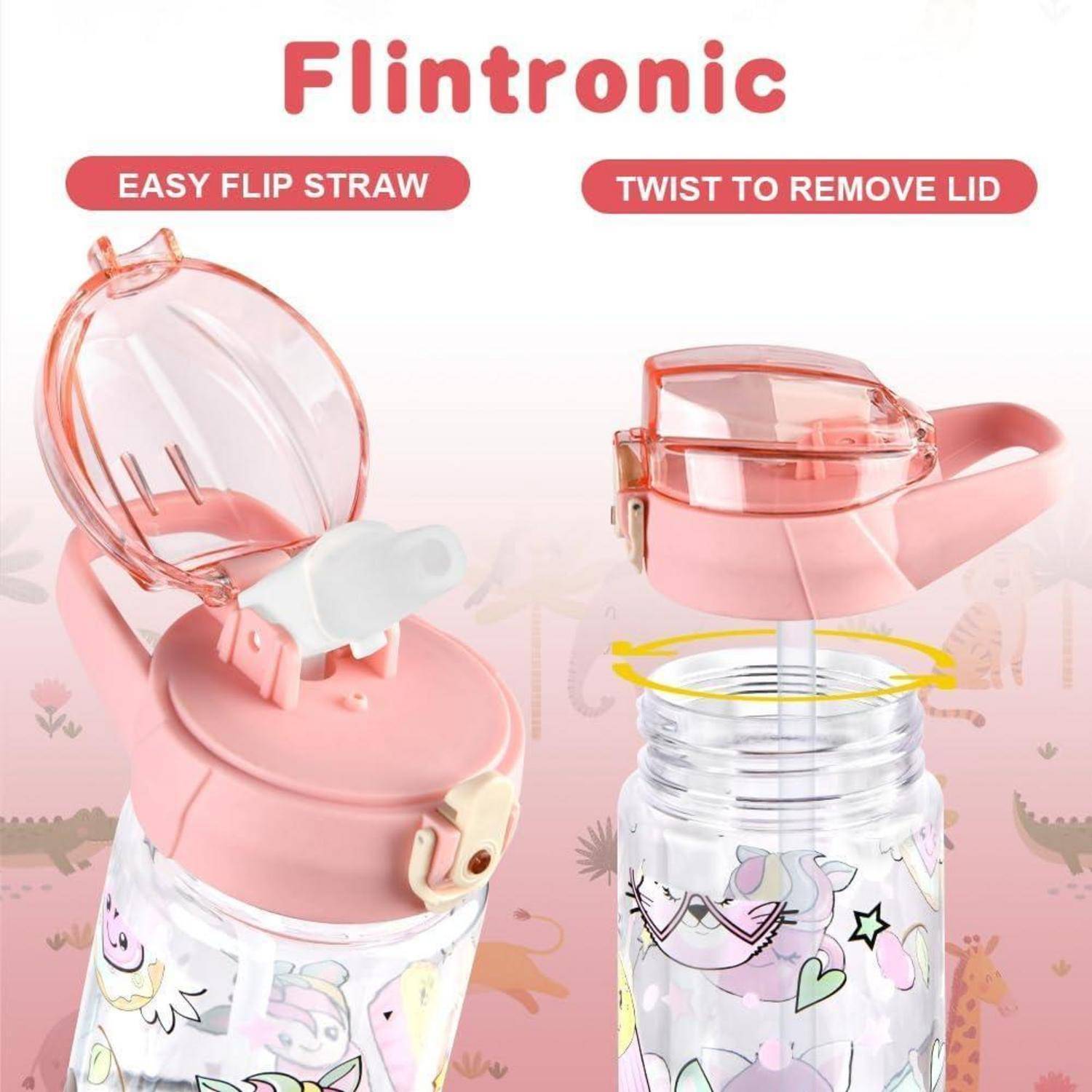 Eine klare Wasserflasche mit einem Klappstrohhalm und einem verschließbaren Deckel. Der rosa Deckel ist geöffnet und zeigt den Strohhalm. Die Flasche trägt Einhorn-Grafiken.