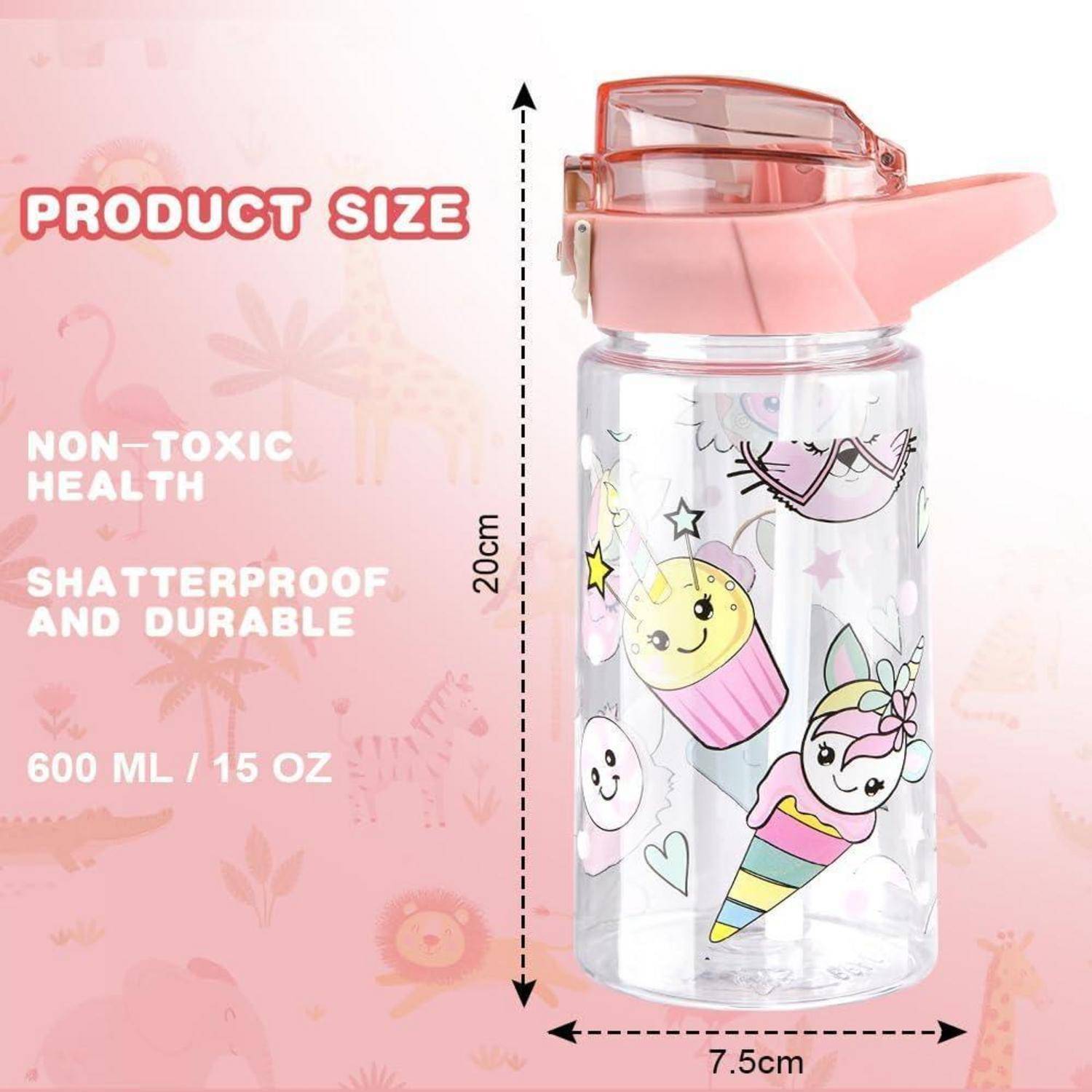 Produktgröße: 600 ml / 15 oz, ungiftige, bruchsichere Flasche mit rosa Deckel. Verziert mit lächelnden Gesichtern, Donuts und Tieren.