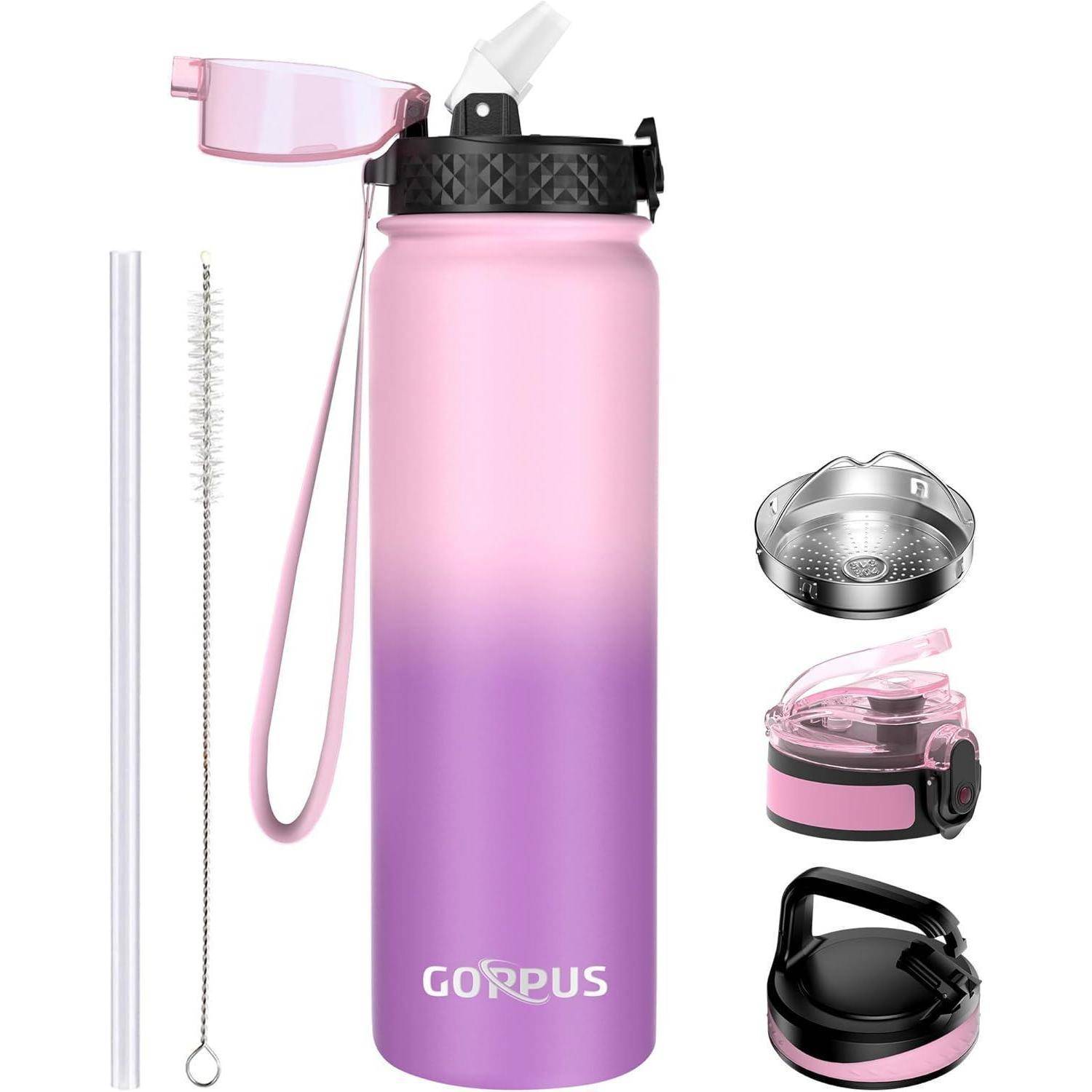Rosa und lila Farbverlauf Wasserflasche Set mit Strohhalm, Bürste, Sieb und zwei Deckeln, Marke 'GOPUS' dargestellt.