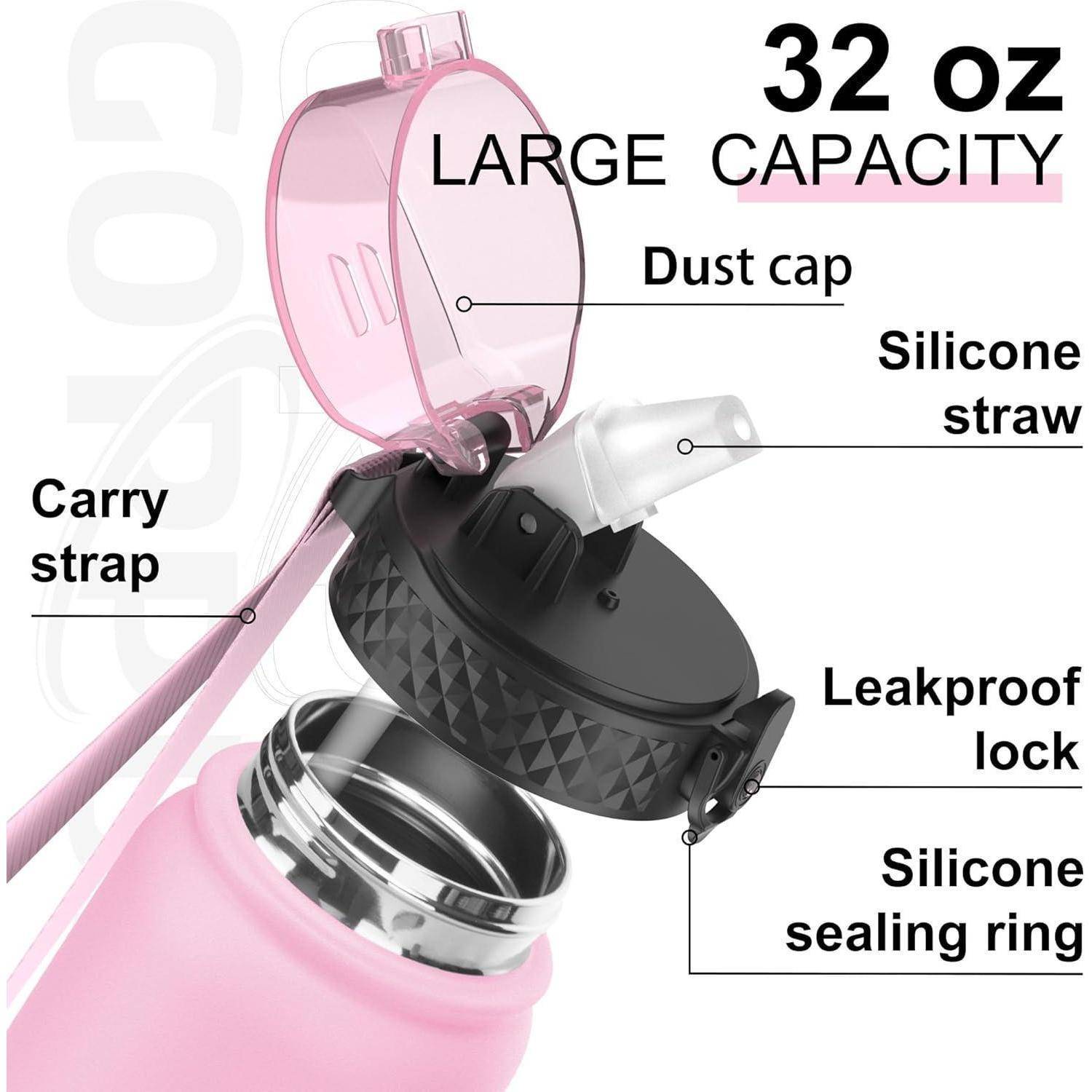 Rosa Wasserflasche mit '32 oz großer Kapazität'. Funktionen umfassen einen Trageriemen, Staubdeckel, auslaufsicheren Verschluss, Silikonstrohhalm und Dichtungsring.