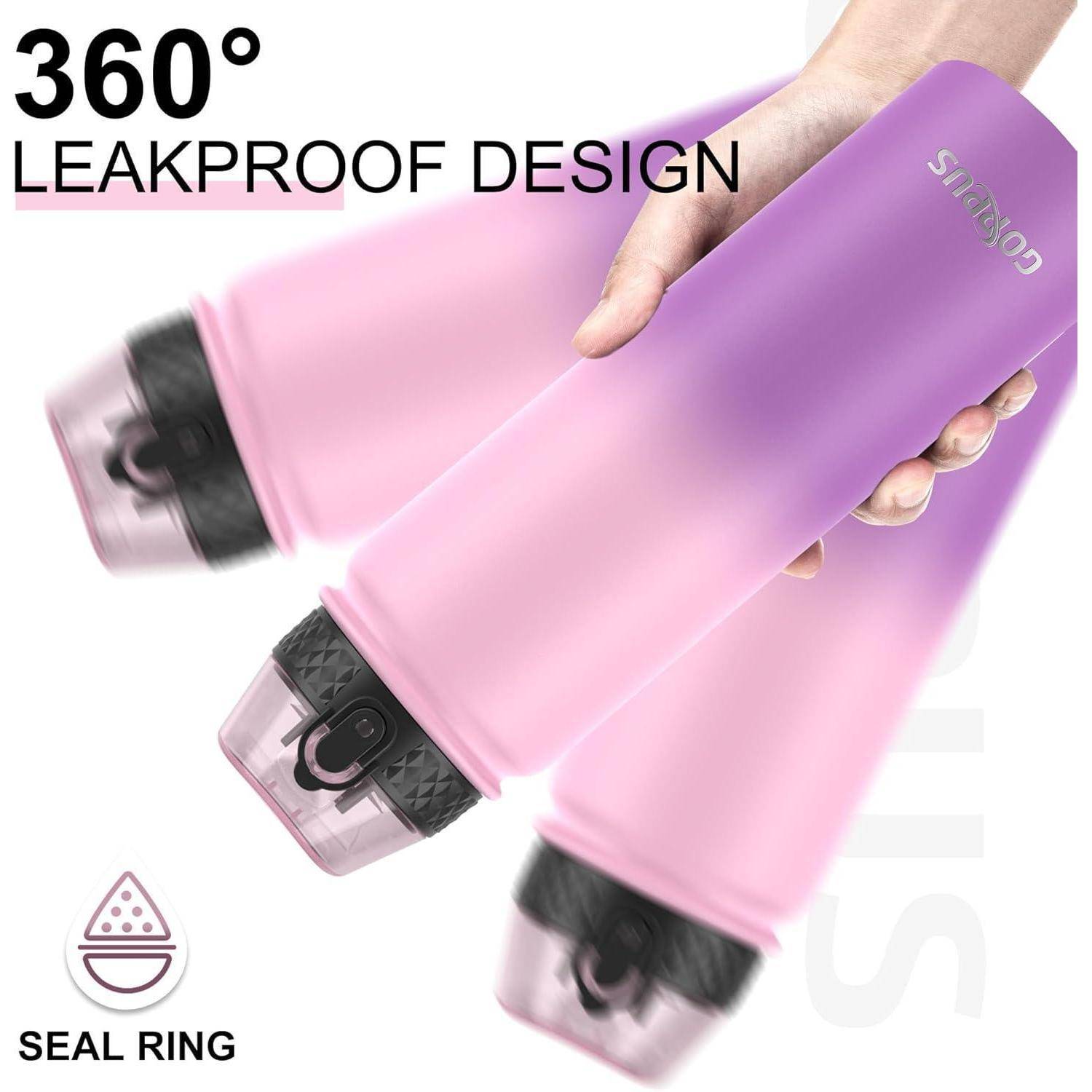 Drei rosa Wasserflaschen, die in einem Winkel gehalten werden und das 360°-auslaufsichere Design mit Dichtungsring hervorheben, betont für Haltbarkeit und Zuverlässigkeit.