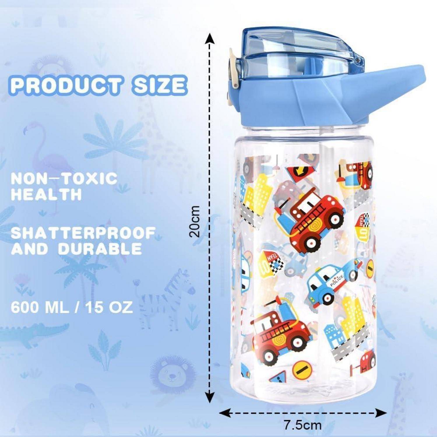 Trinkflasche Kinder Strohhalm BPAfrei Auslaufsicher Blaues Auto 500 ml