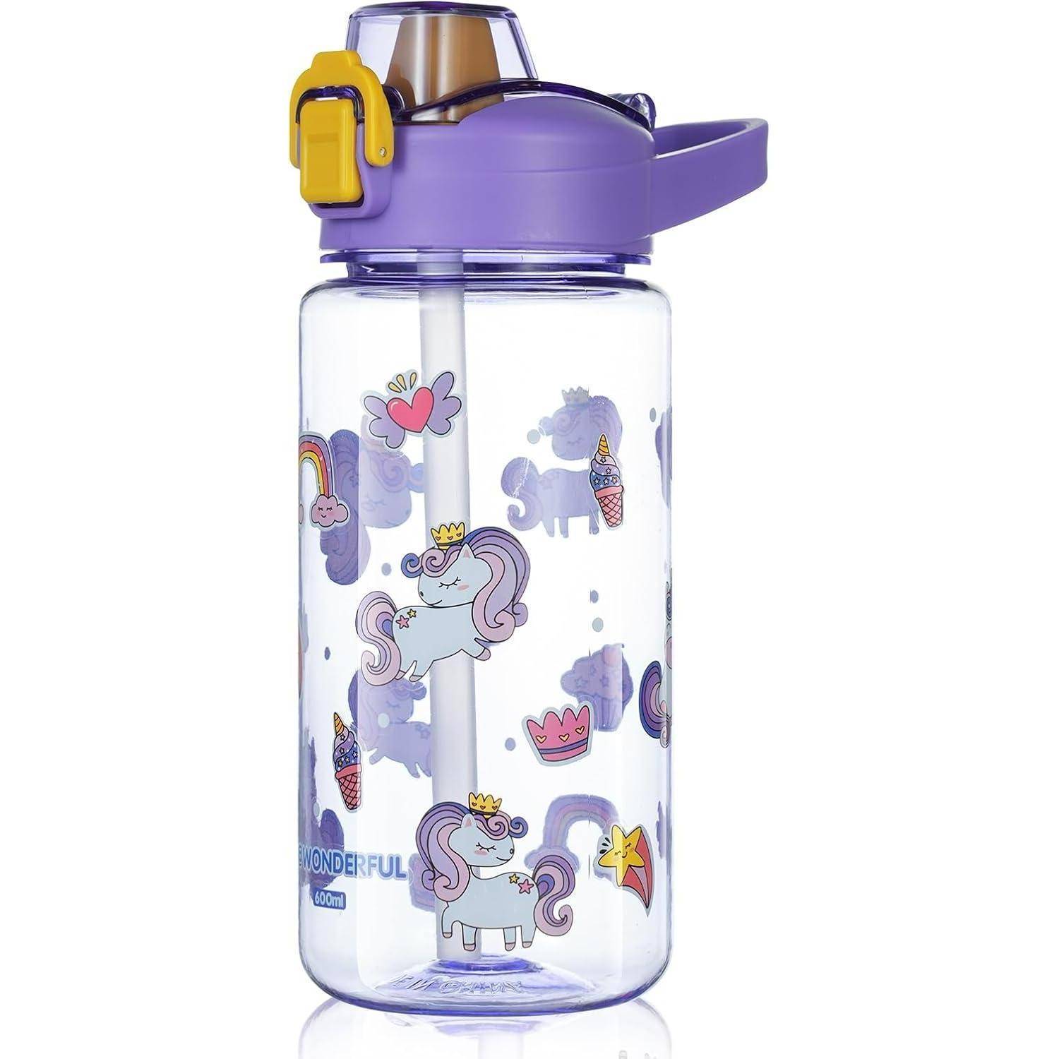 Trinkflasche Kinder 600ml Strohhalm BPAfrei Lila Einhorn 600 ml