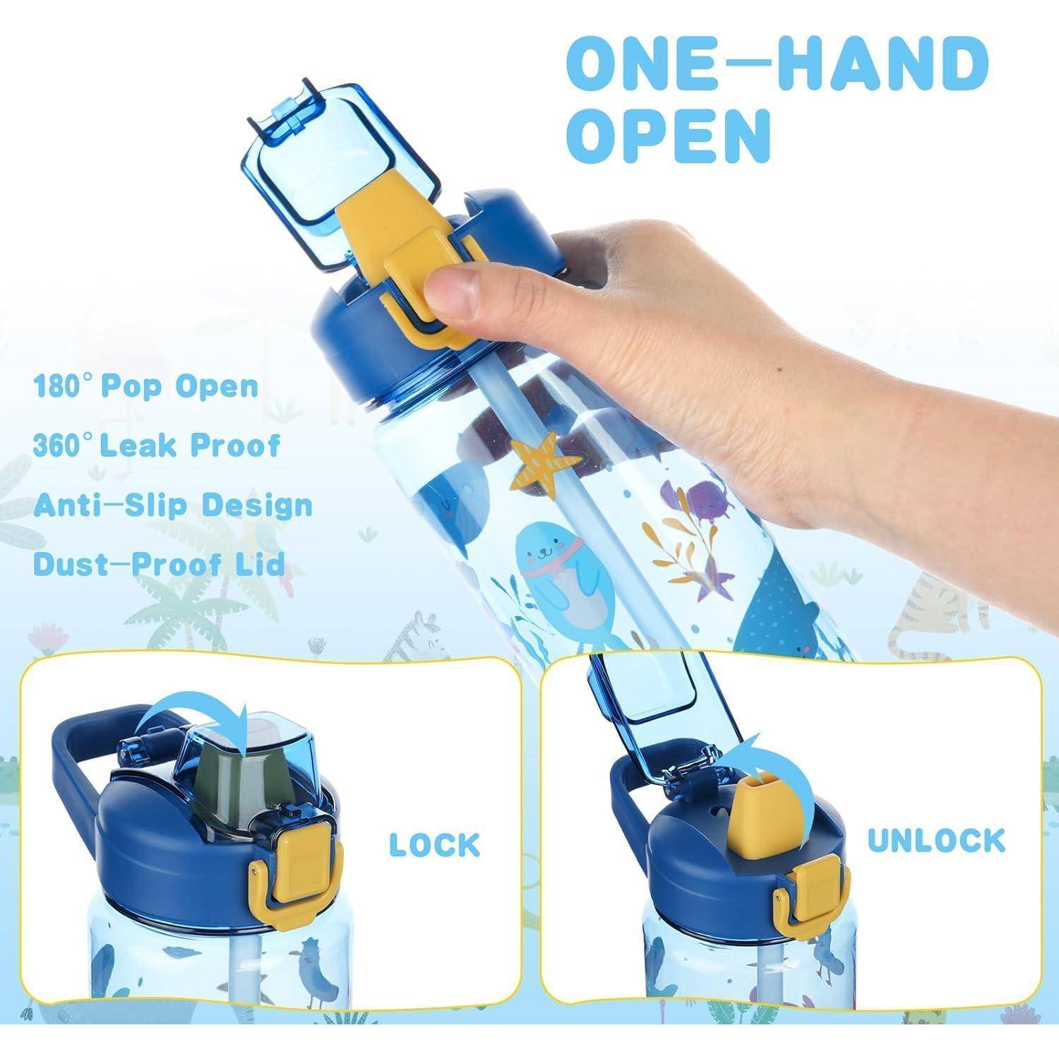 Eine Hand öffnet eine Wasserflasche mit einer Hand. Text lautet: ‚Mit einer Hand öffnen', ‚180° Aufklapp-Öffnung', ‚360° Auslaufsicher', ‚Rutschfestes Design', ‚Staubdichter Deckel'. Schloss- und Entriegelungsabbildungen gezeigt.