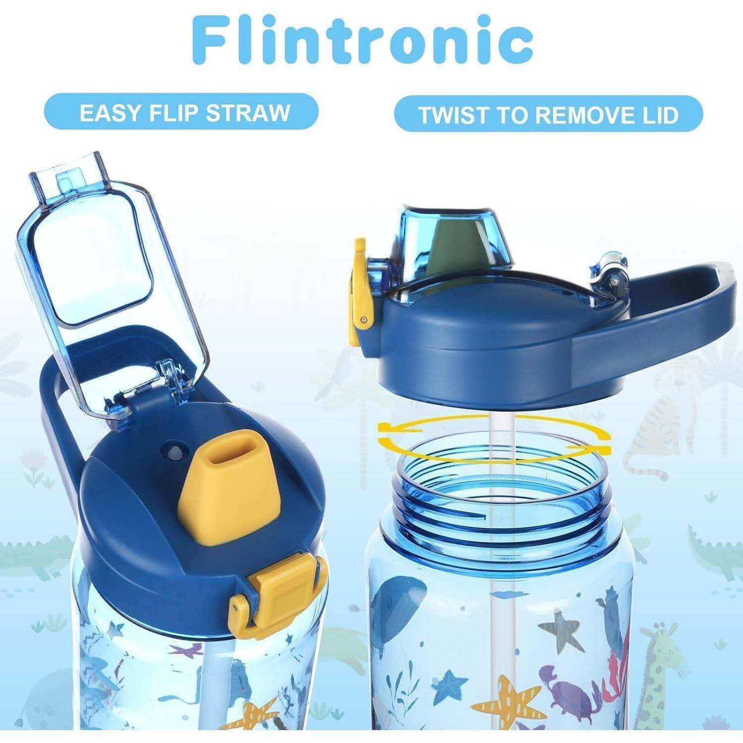 Flintronic Wasserflasche mit Dinosaurier-Design. Zu den Funktionen gehören ein leicht zu klappender Strohhalm und ein drehbarer Deckel zum Abnehmen.