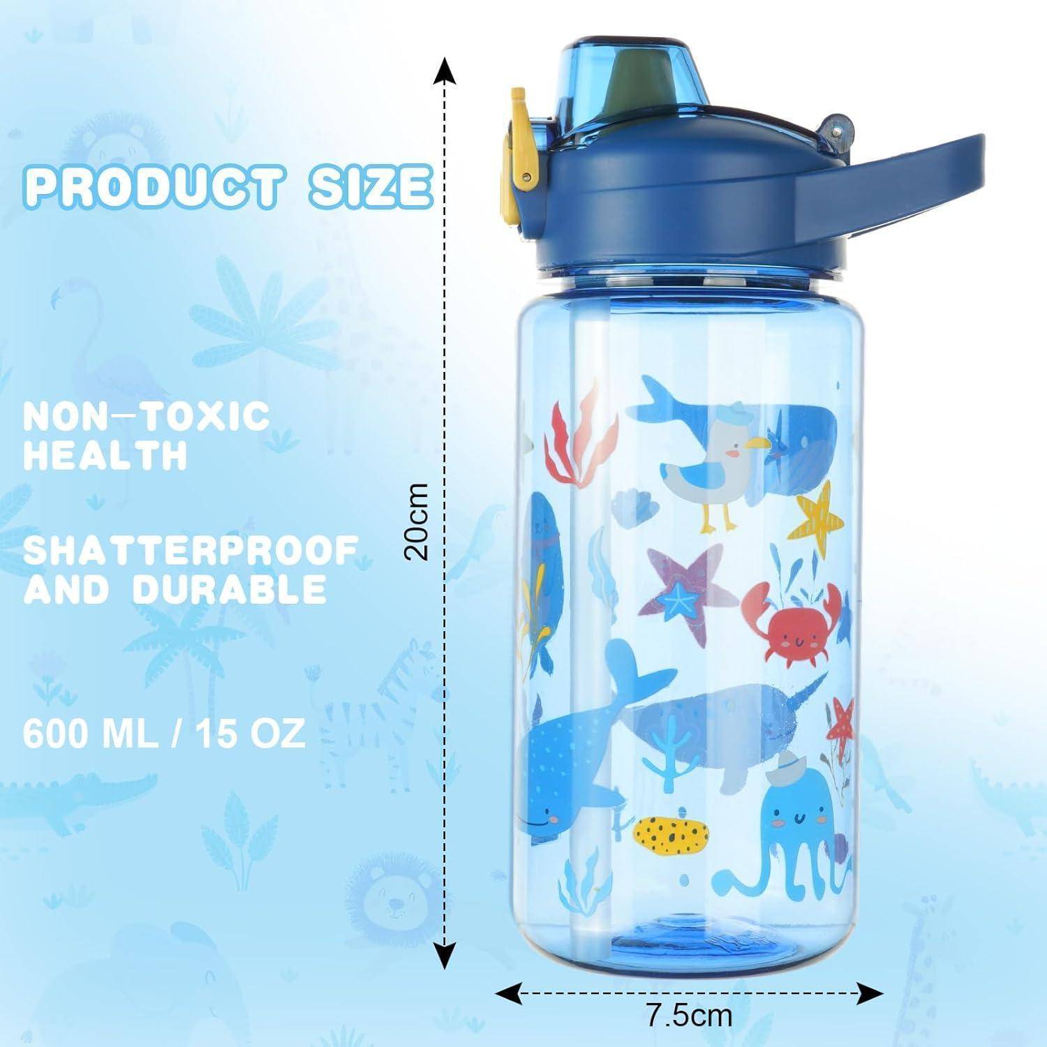 Blaue Wasserflasche mit Meerestieren-Design, ungiftig, bruchsicher, langlebig, 600 ml/15 oz. Abmessungen: 20 cm hoch, 7,5 cm breit.