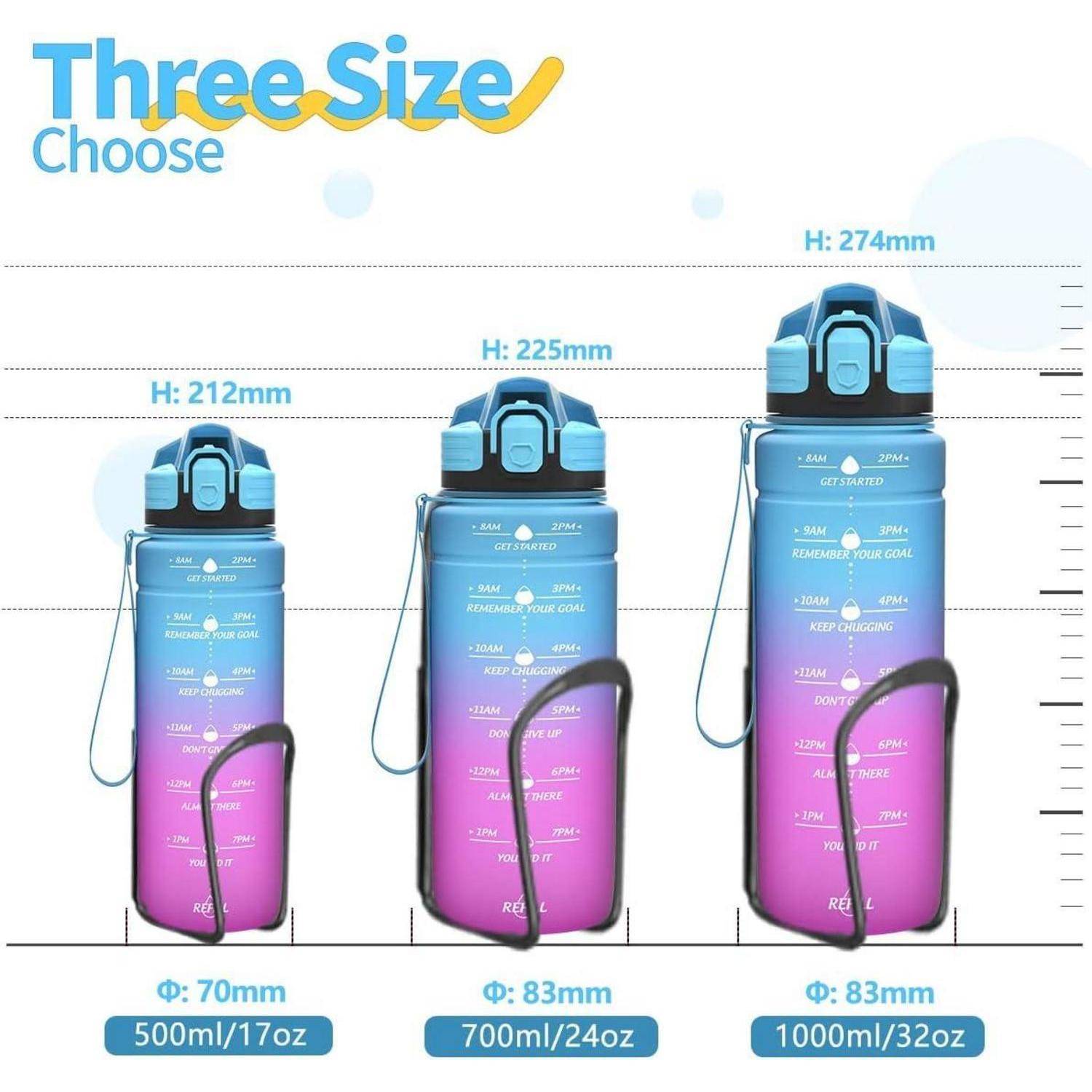 Wasserflaschen in drei Größen zur Auswahl' mit 500 ml, 700 ml und 1000 ml Fassungsvermögen in Verlaufsfarben. Enthält Größenvergleiche in mm/oz.