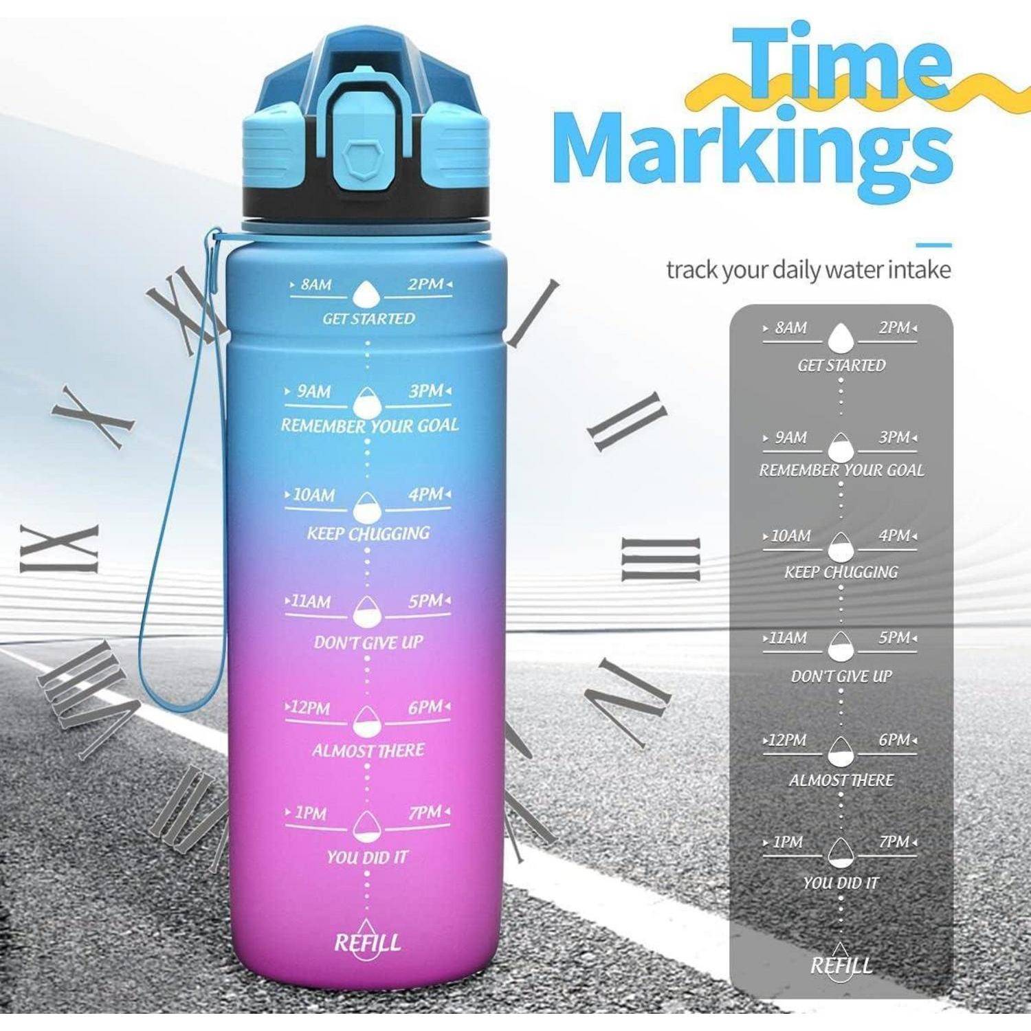 Wasserflasche mit Zeitmarkierungen von 8 Uhr bis 19 Uhr zur Förderung regelmäßiger Flüssigkeitszufuhr. Text lautet: 