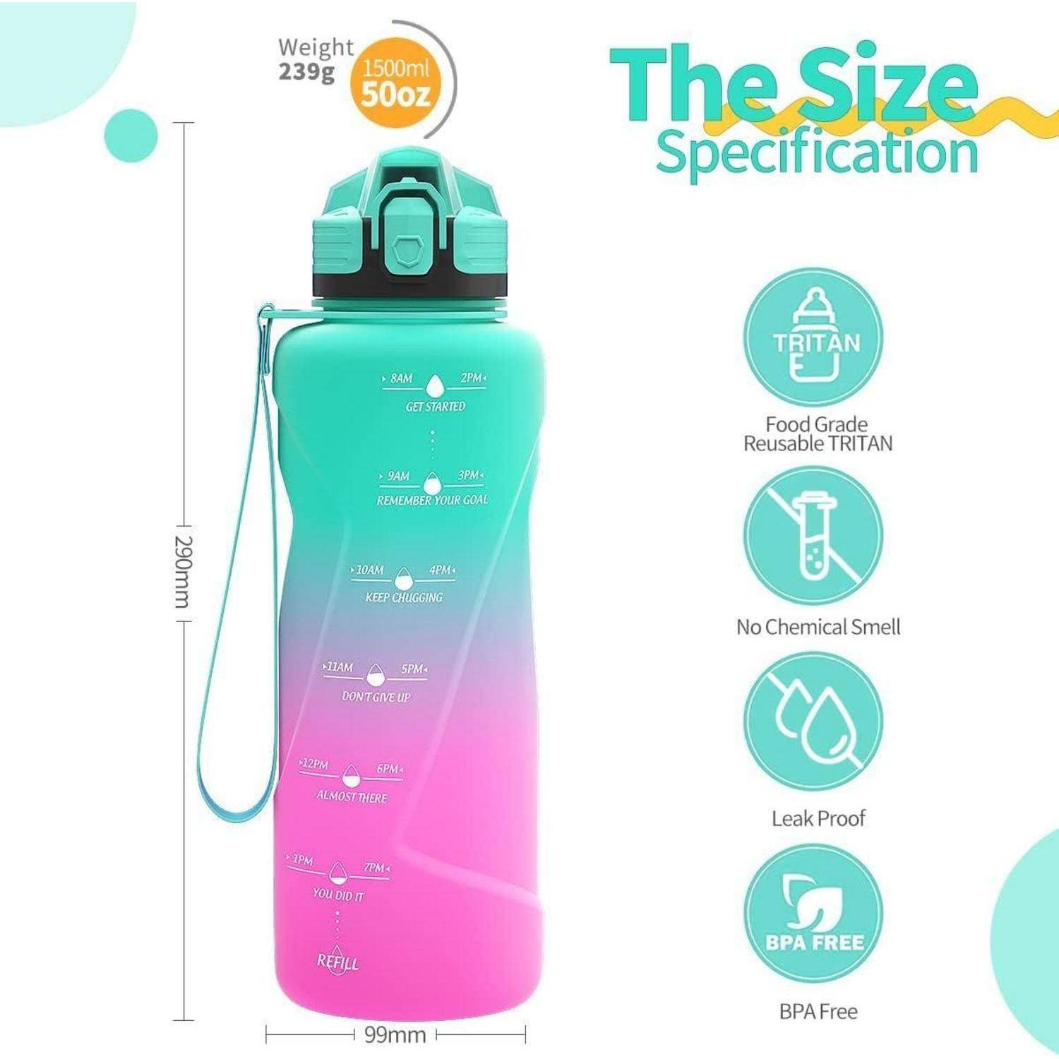 Trinkflasche Tritan Auslaufsicher Zeitmarkierung 1500 ml Smaragd-lila