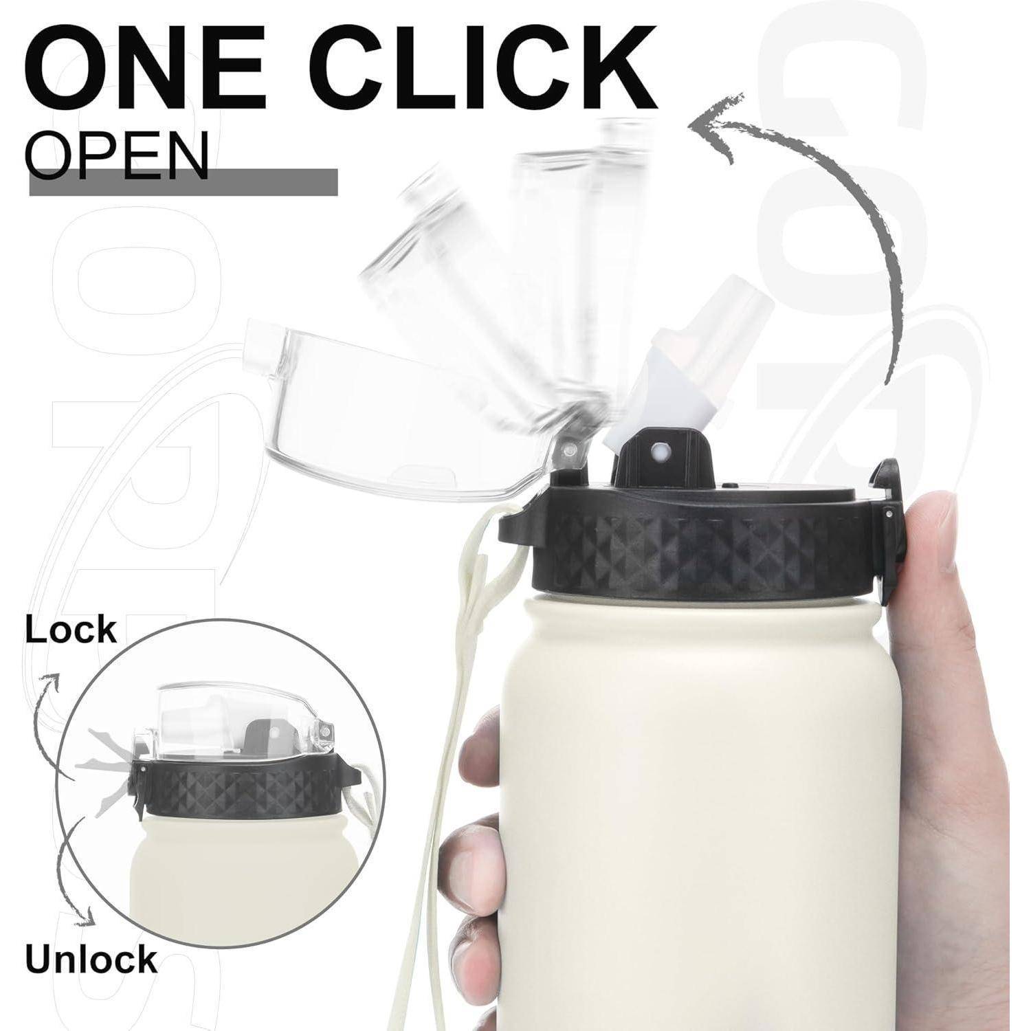 Flasche wird mit einem Klick geöffnet. Hand dreht matten schwarzen Deckel zum Entriegeln, im Detail mit Diagramm dargestellt.