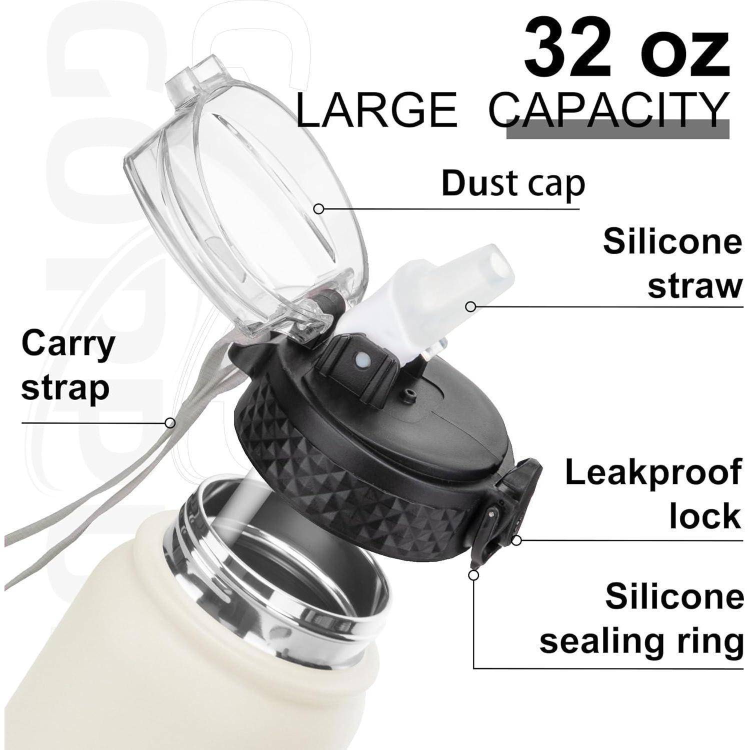 32 Unzen Wasserflasche mit großer Kapazität mit Trageriemen, Staubdeckel, Silikonstrohhalm, auslaufsicherer Verriegelung und Silikon-Dichtungsring.
