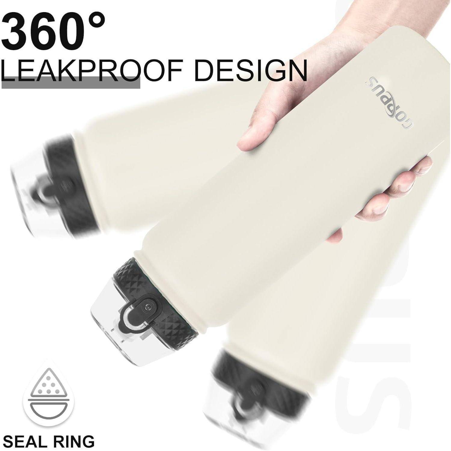 Hand hält isolierte Flaschen mit auslaufsicherer 360-Grad-Konstruktion. Dichtungsring hervorgehoben. Produkt betont sicheren, tropffreien Gebrauch.