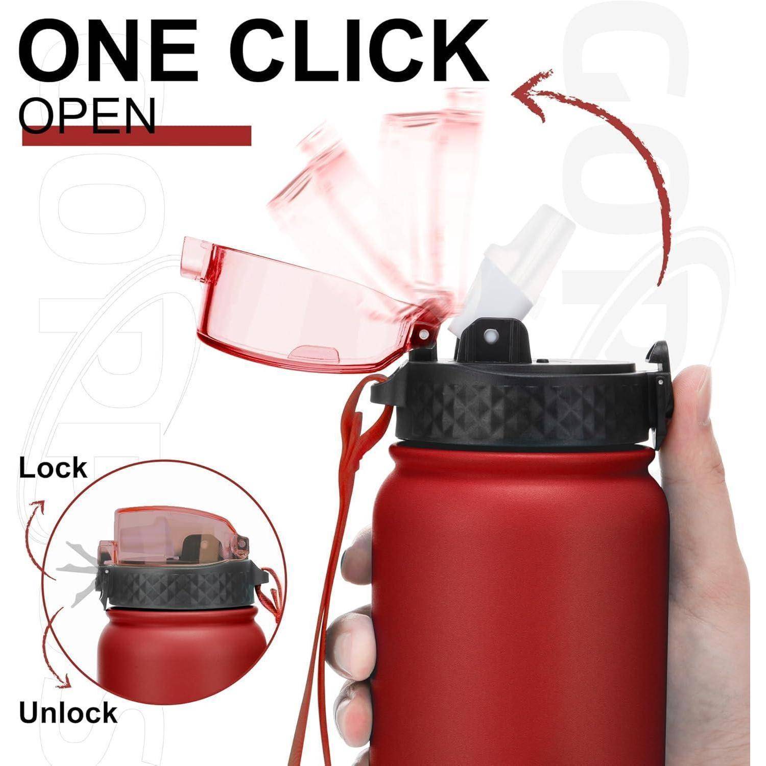 Rote Flasche mit einer Klappdeckelöffnung, auf der 