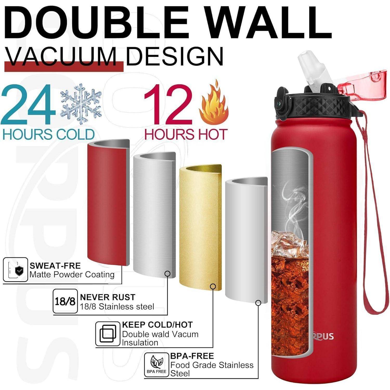 Doppelwandiges Vakuumdesign-Flasche. Hält Getränke 24 Stunden lang kalt und 12 Stunden lang heiß. Mit schweißfreier matter Beschichtung und BPA-freien Materialien.